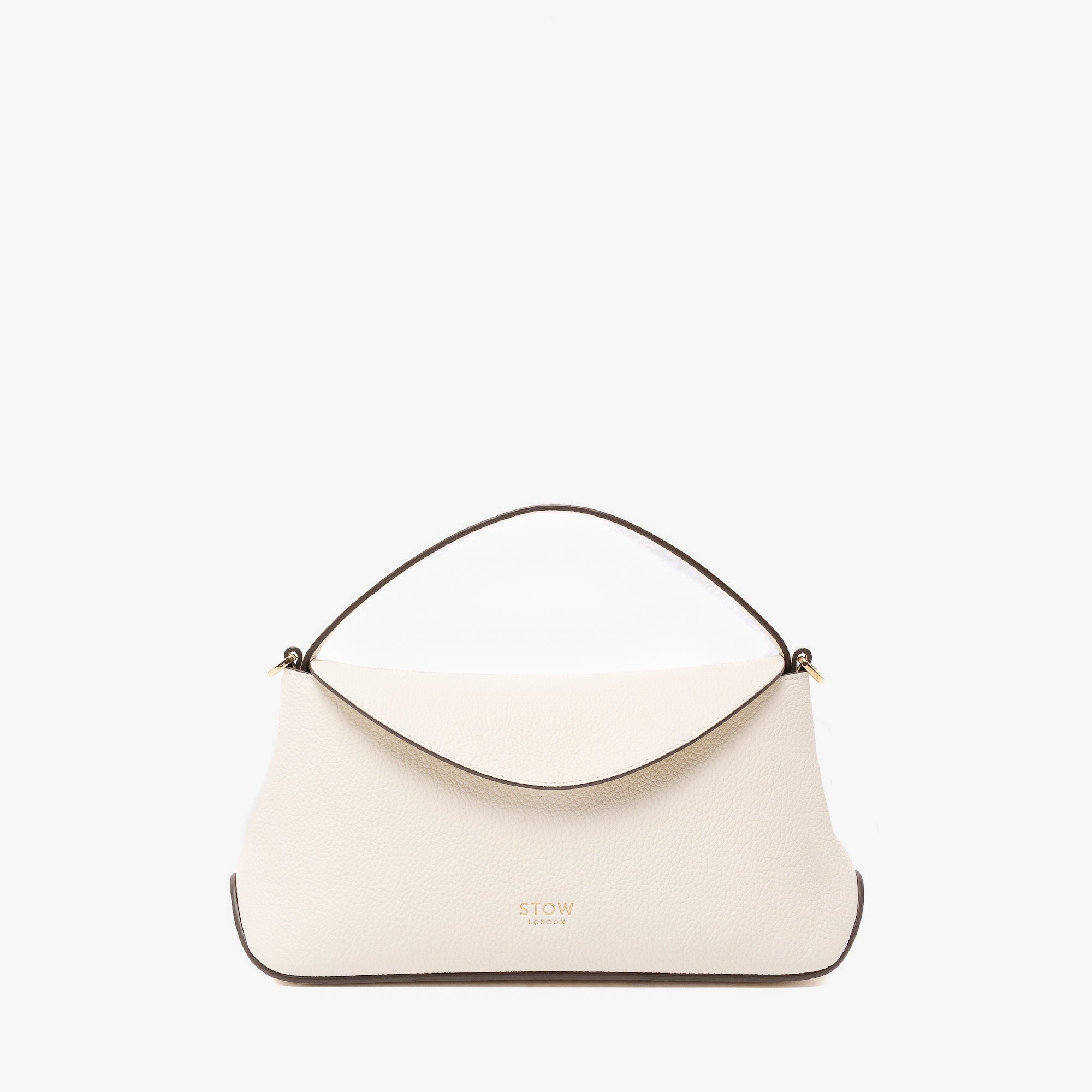 STOW London's Mini East West in Spring Moon pebbled leather featuring gold-coated stainless steel hardware on a light grey background