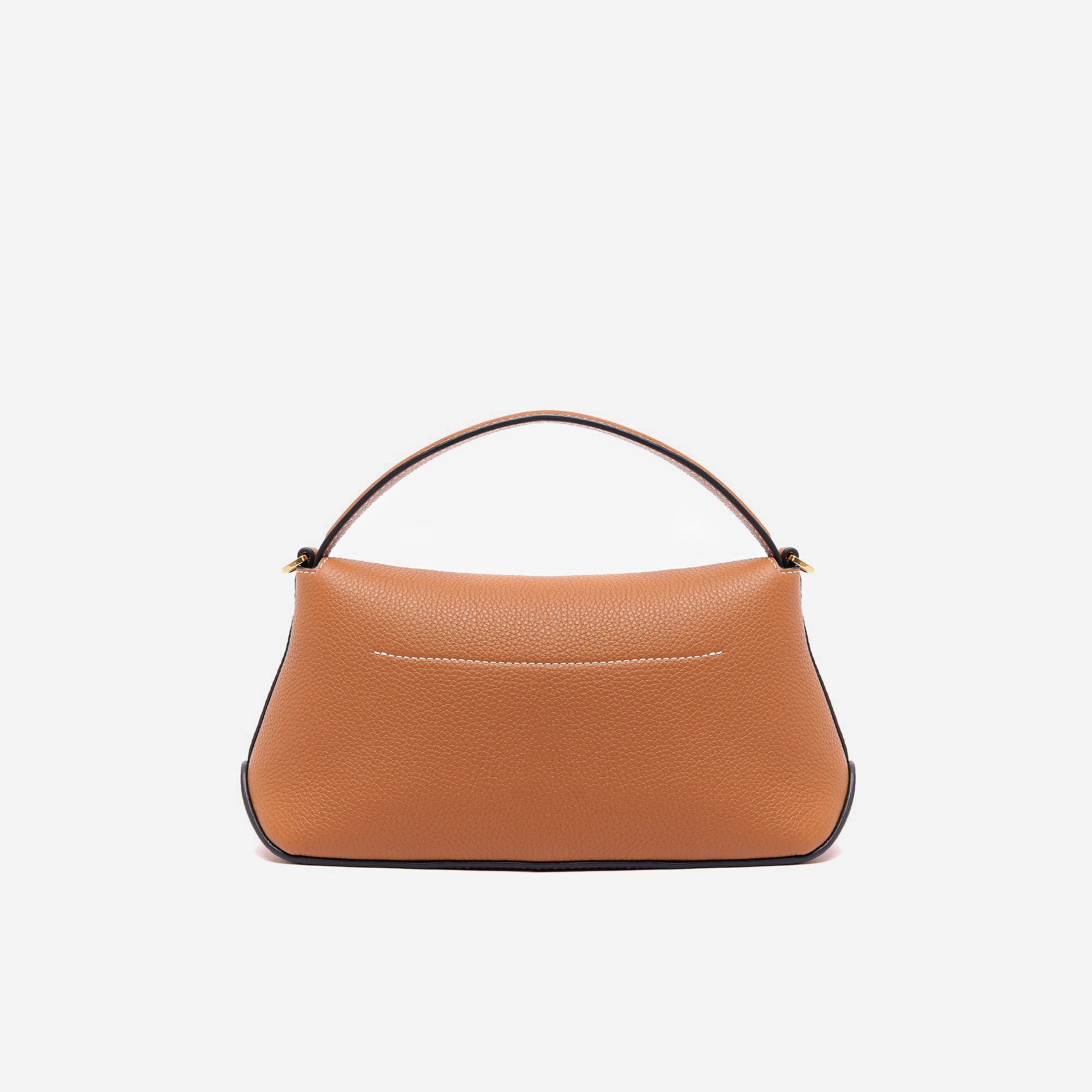 Back panel of STOW London's Mini East West in Earth Tan pebbled leather featuring gold-coated stainless steel hardware on a light grey background