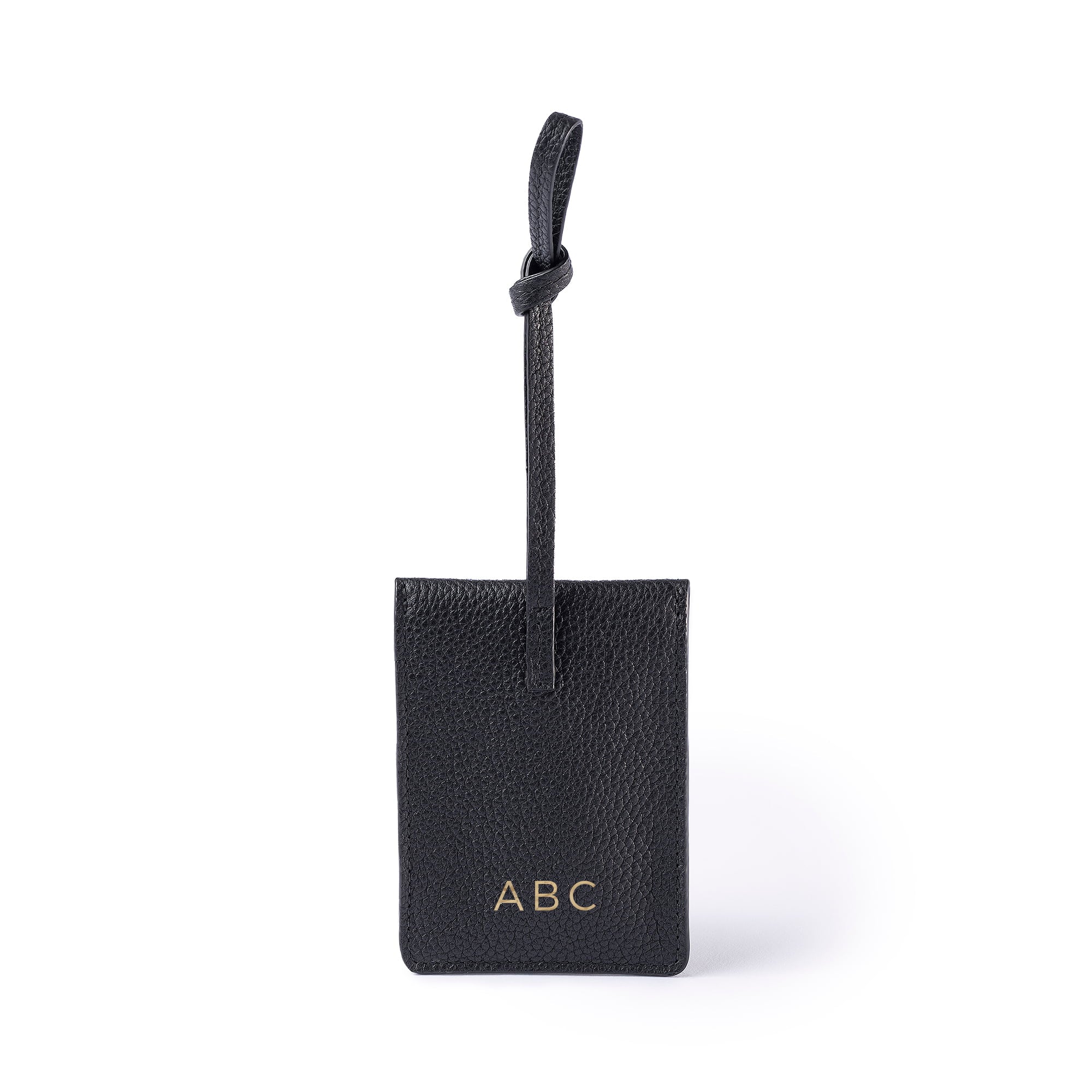 STOW London Leather Multi Tag in Black pebbled leather with personalised initials on the back.