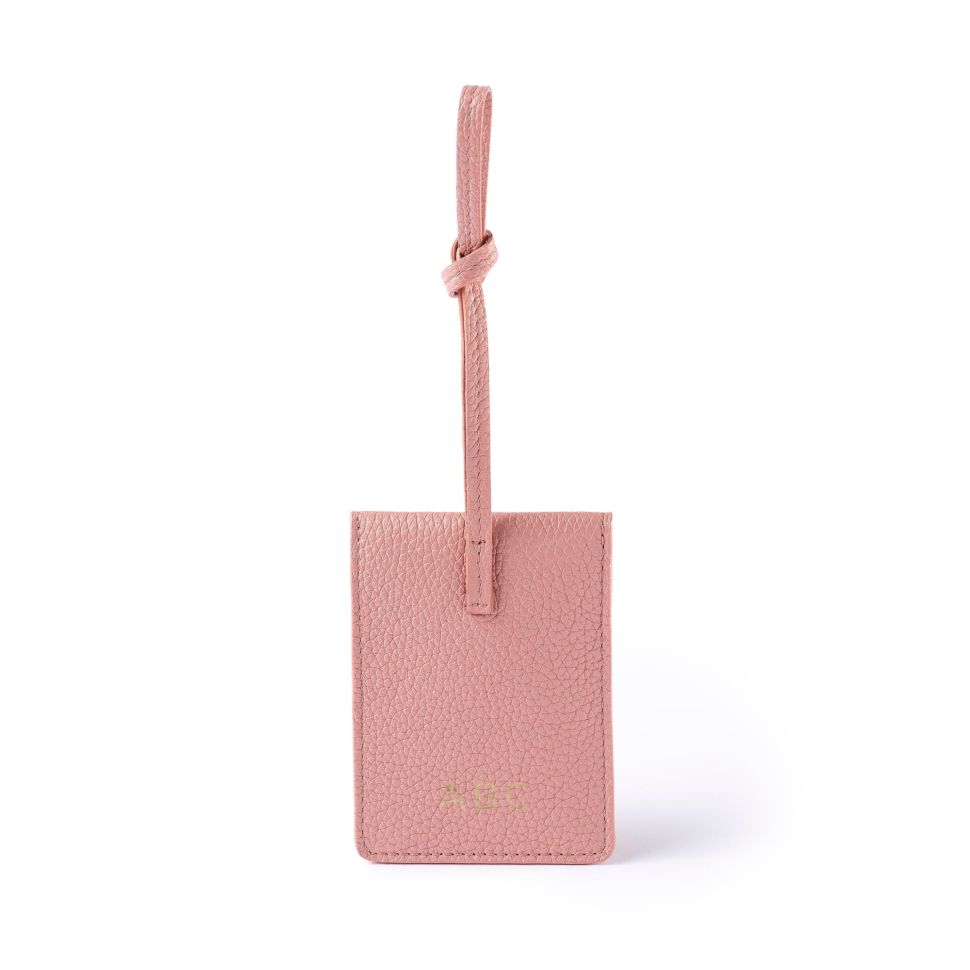STOW London Leather Multi Tag in Hazy Blush pebbled leather with personalised initials on the back.