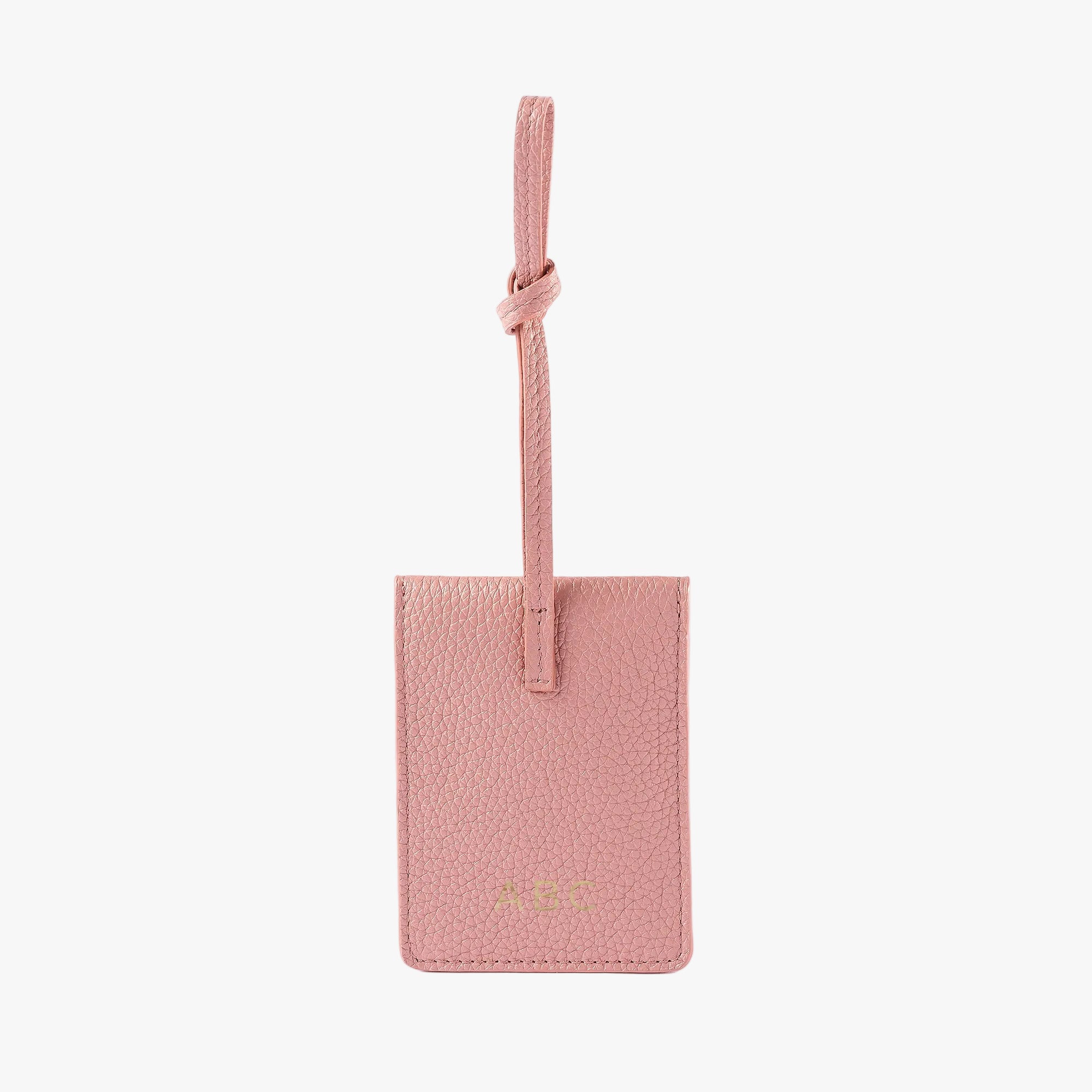 STOW London Leather Multi Tag in Hazy Blush pebbled leather with personalised initials on the back.