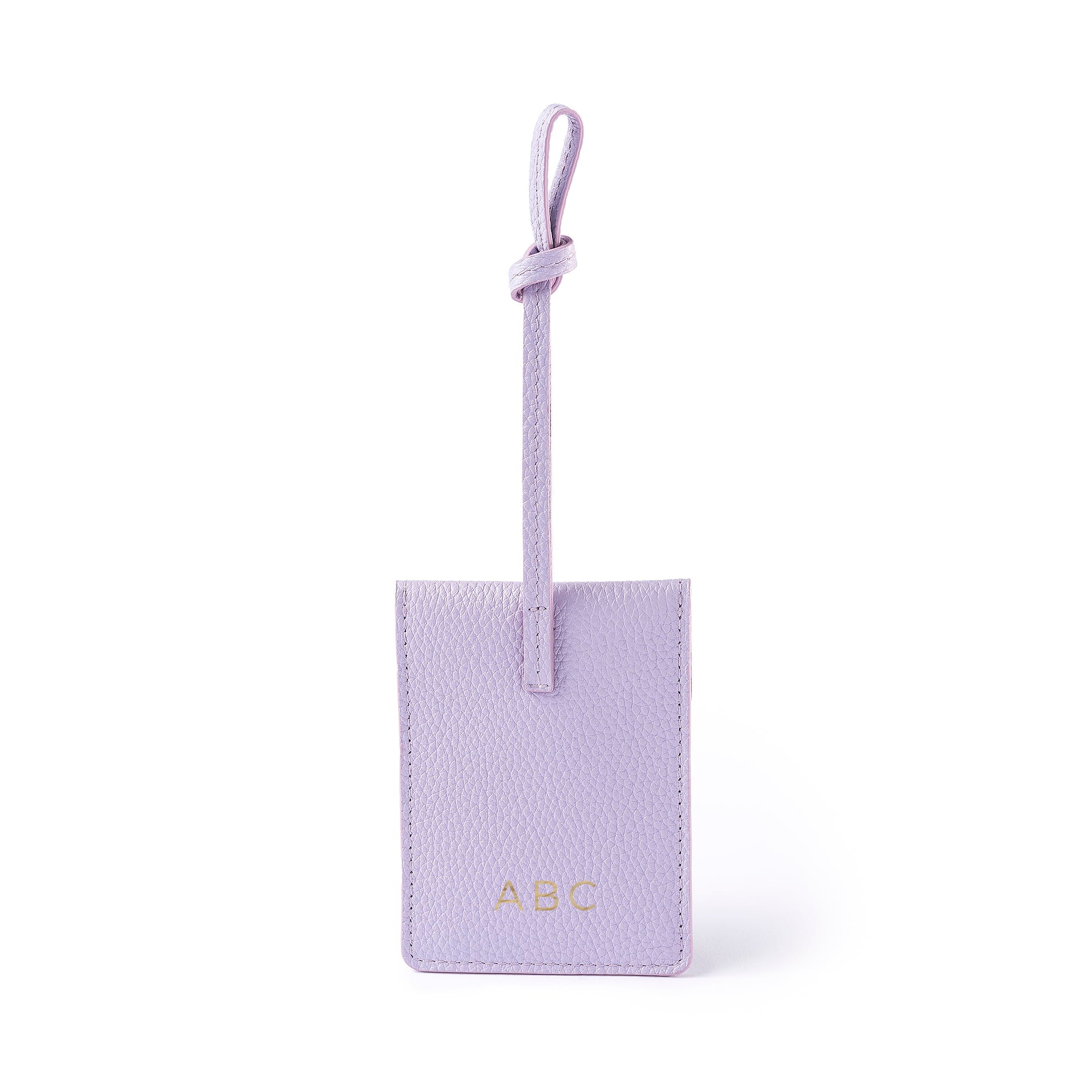 STOW London Leather Multi Tag in Wild Lavender pebbled leather with personalised initials on the back.