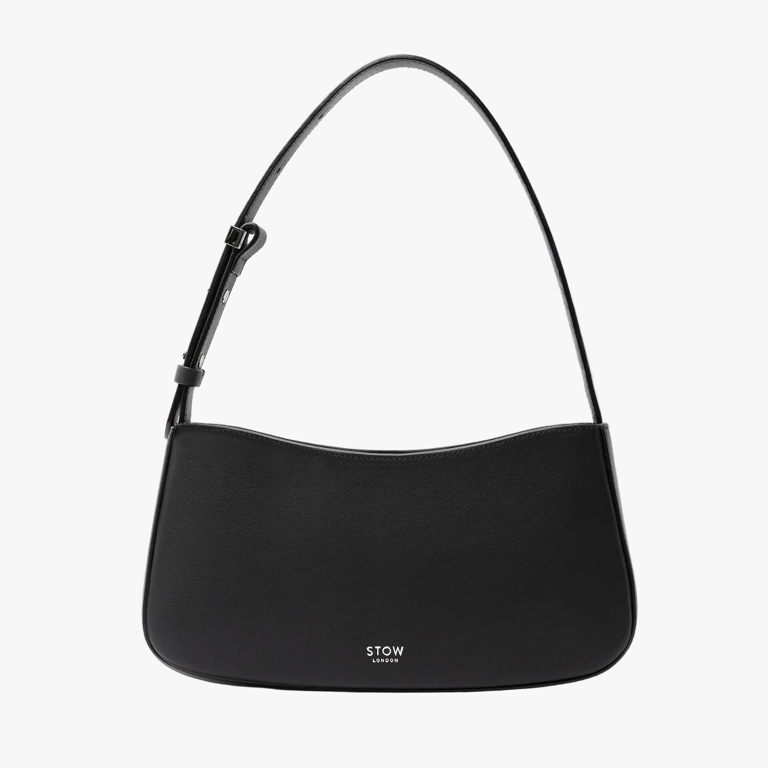 Stow London's Post Shoulder in Black smooth leather on a light grey background featuring silver STOW logo