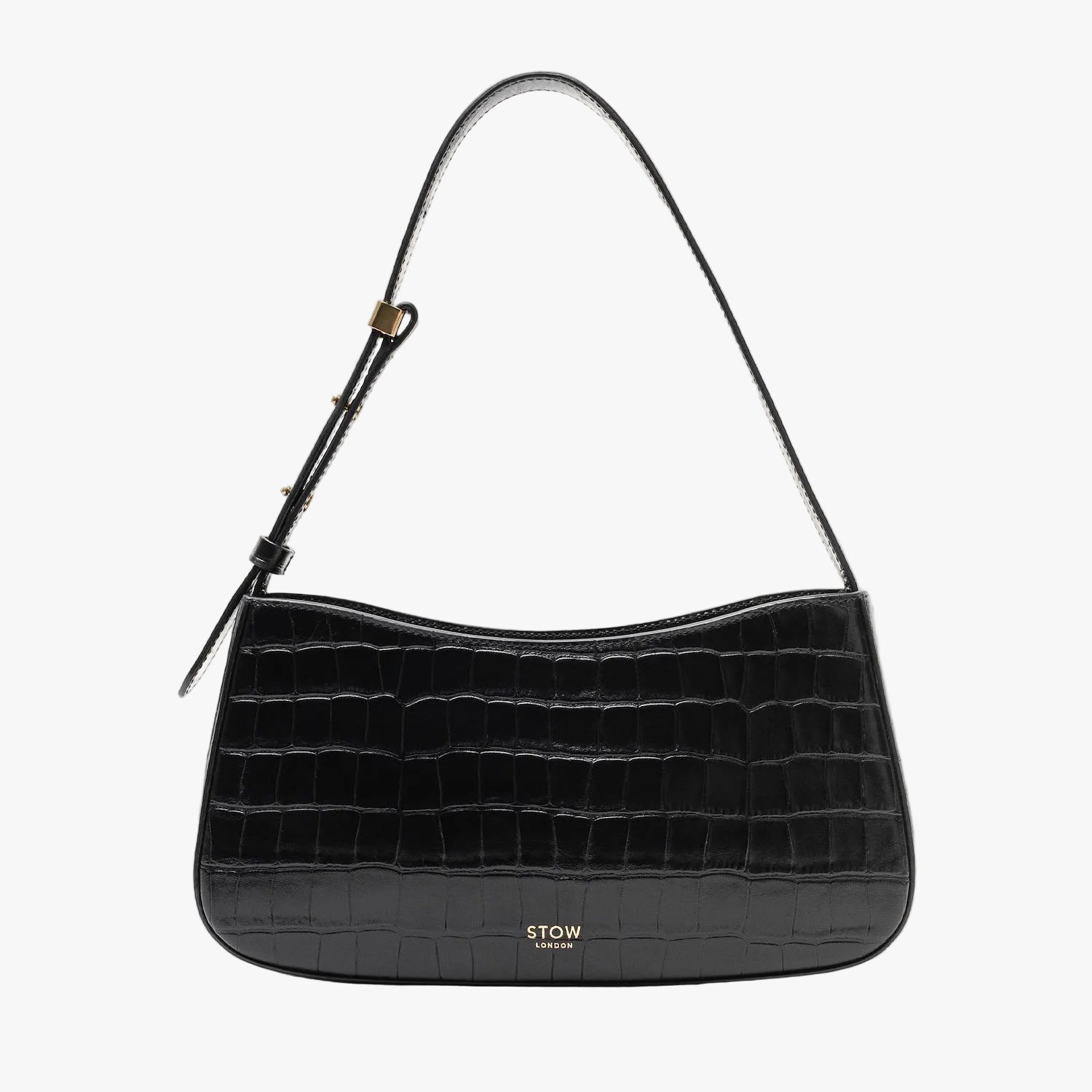 Stow London's Post Shoulder in Black Embossed Croc leather on a light grey background featuring gold-coated stainless steel hardware