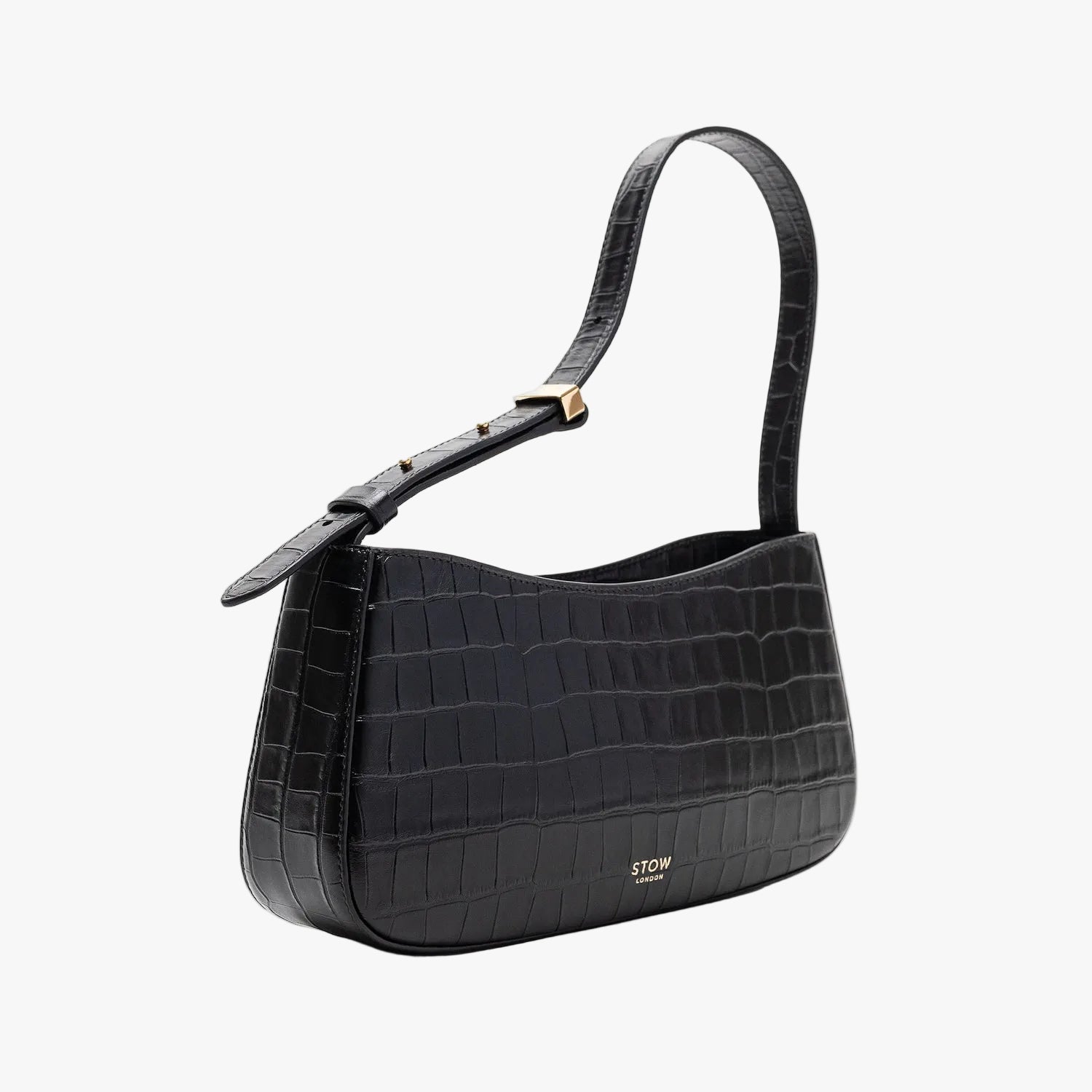 Off-axis view of Stow London's Post Shoulder in Black Embossed Croc leather on a light grey background featuring gold-coated stainless steel hardware