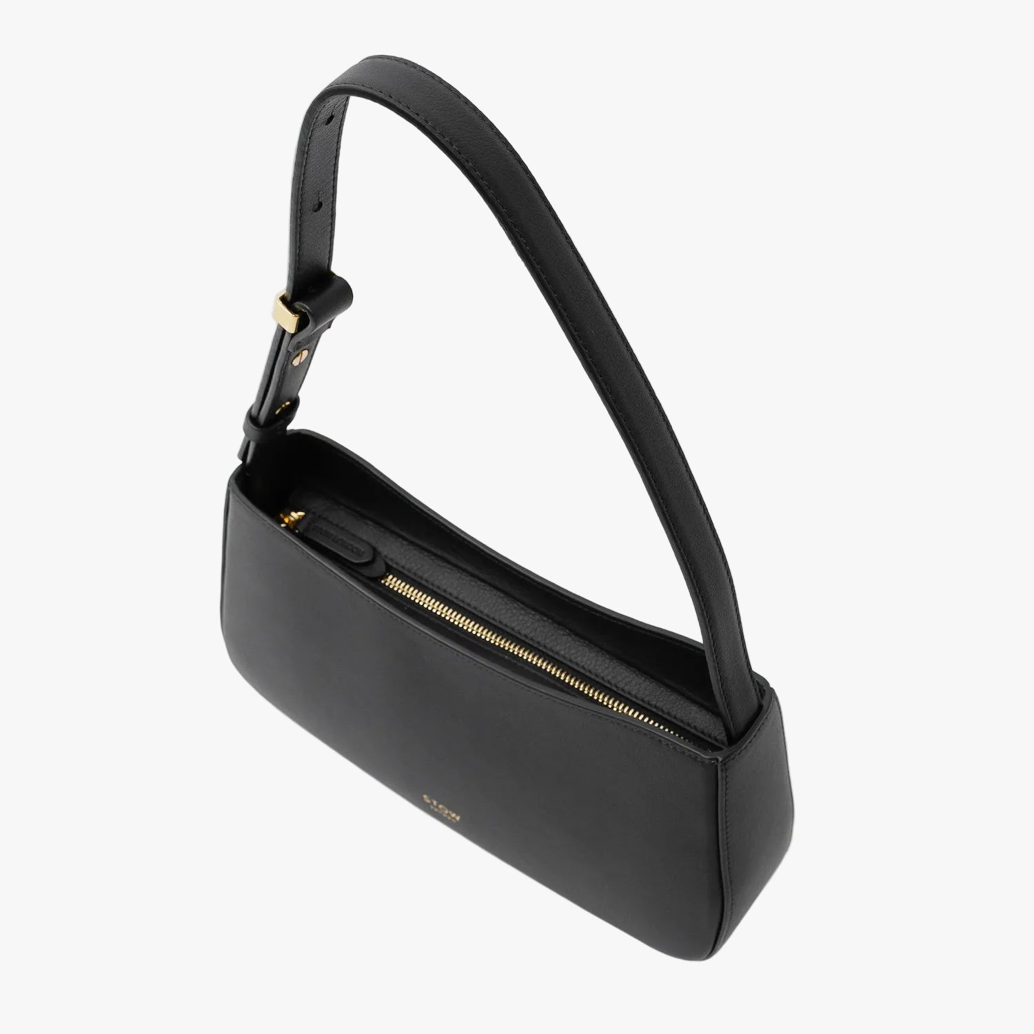 Stow London's Post Shoulder in Black smooth leather on a light grey background featuring gold-coated stainless steel hardware