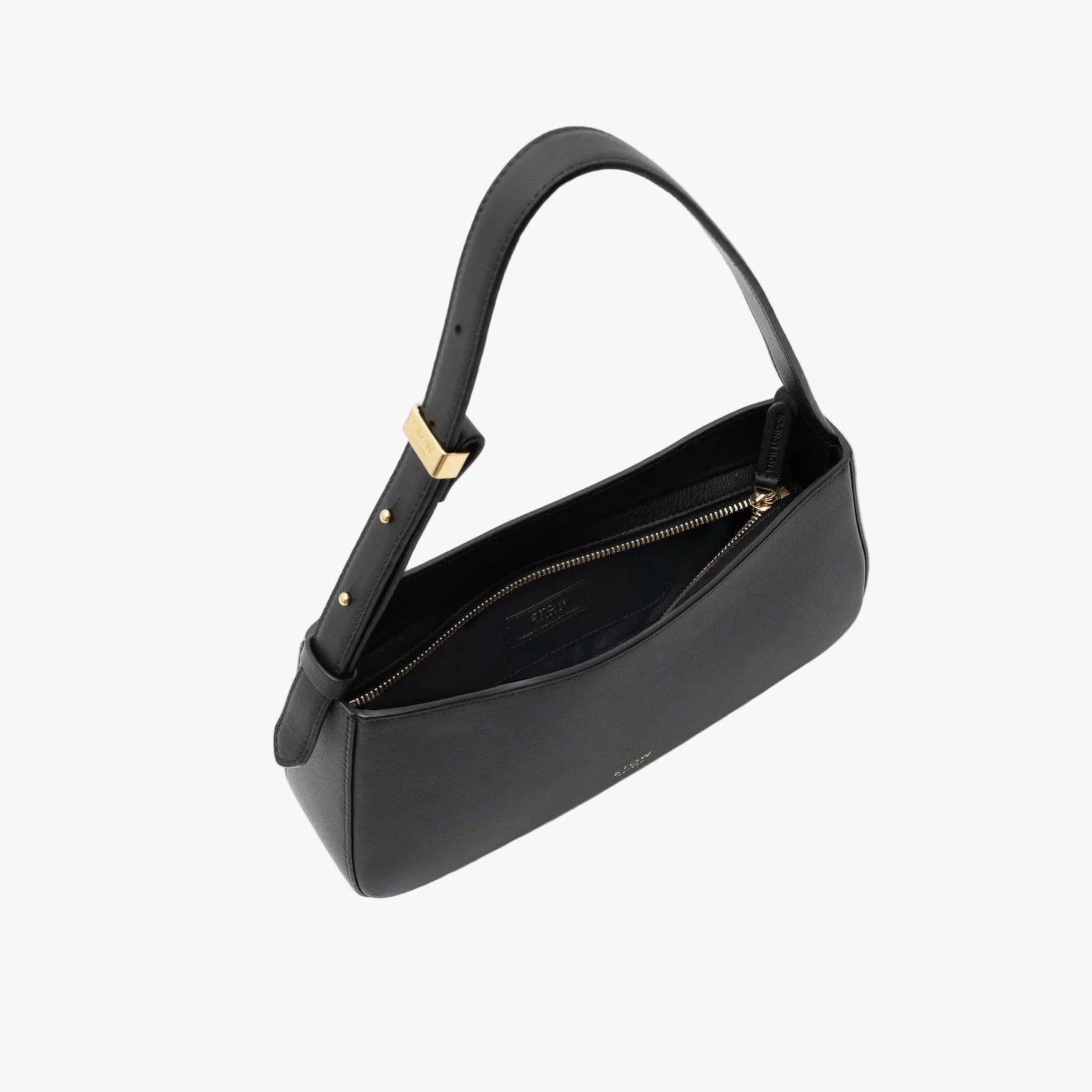 Stow London's Post Shoulder in Black smooth leather with zip open showing black cotton interior and slip pocket on a light grey background featuring gold-coated stainless steel hardware