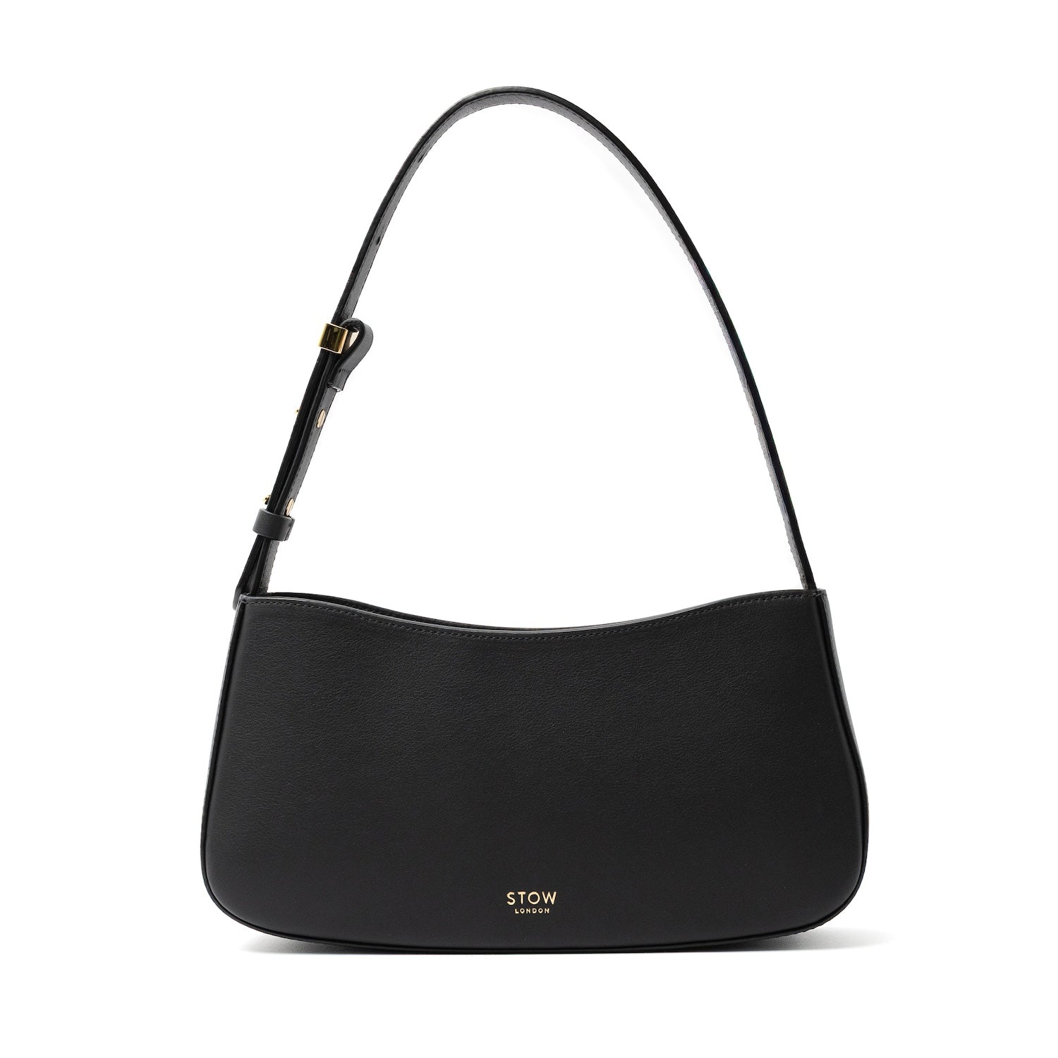 STOW London's Post Shoulder bag in Black smooth leather featuring gold-coated stainless steel hardware on a white background