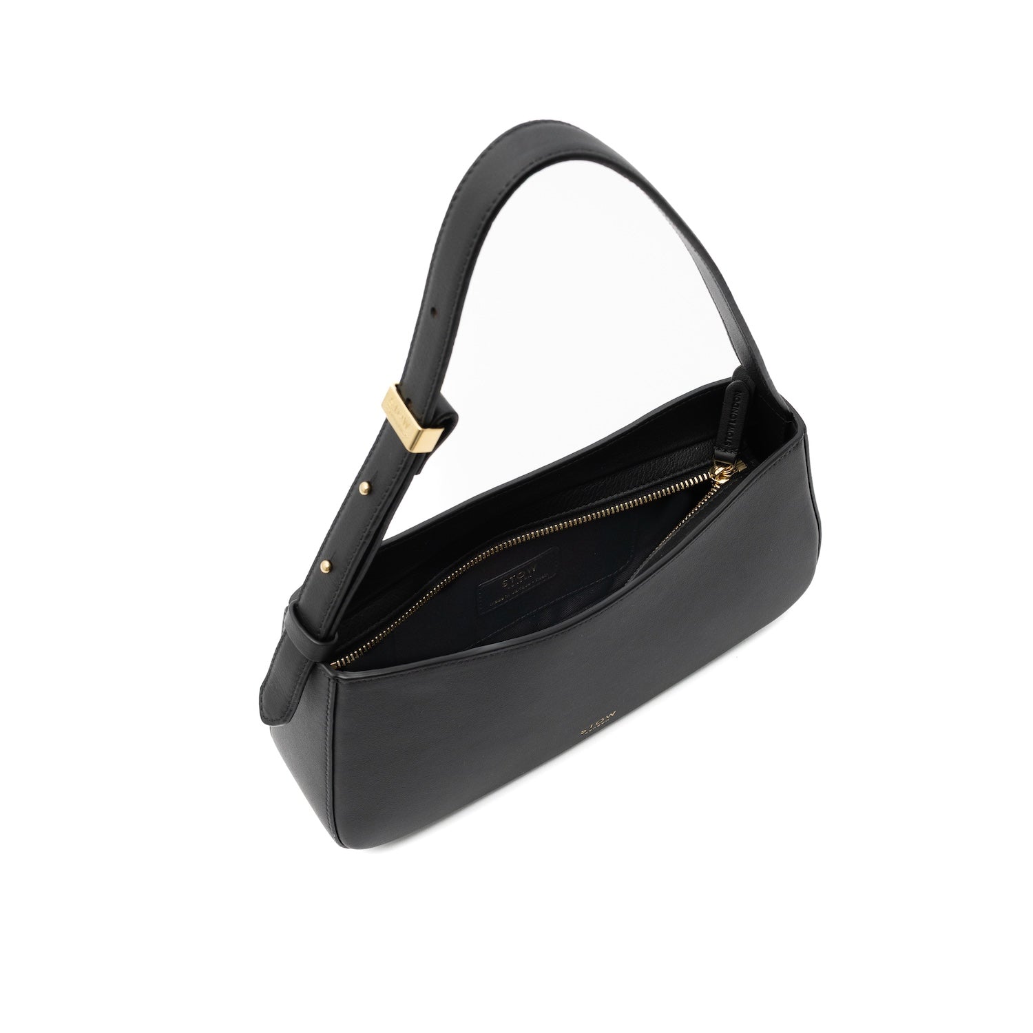 Top view of STOW London's Post Shoulder bag in Black smooth leather with the zipper open showing the bag's interior featuring gold-coated stainless steel hardware on a white background