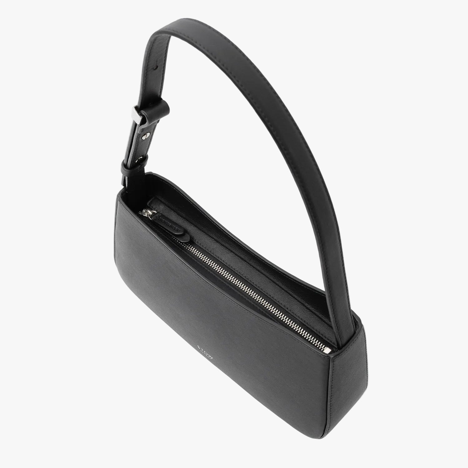 Stow London's Post Shoulder in Black smooth leather on a light grey background featuring silver stainless steel hardware and zip closure