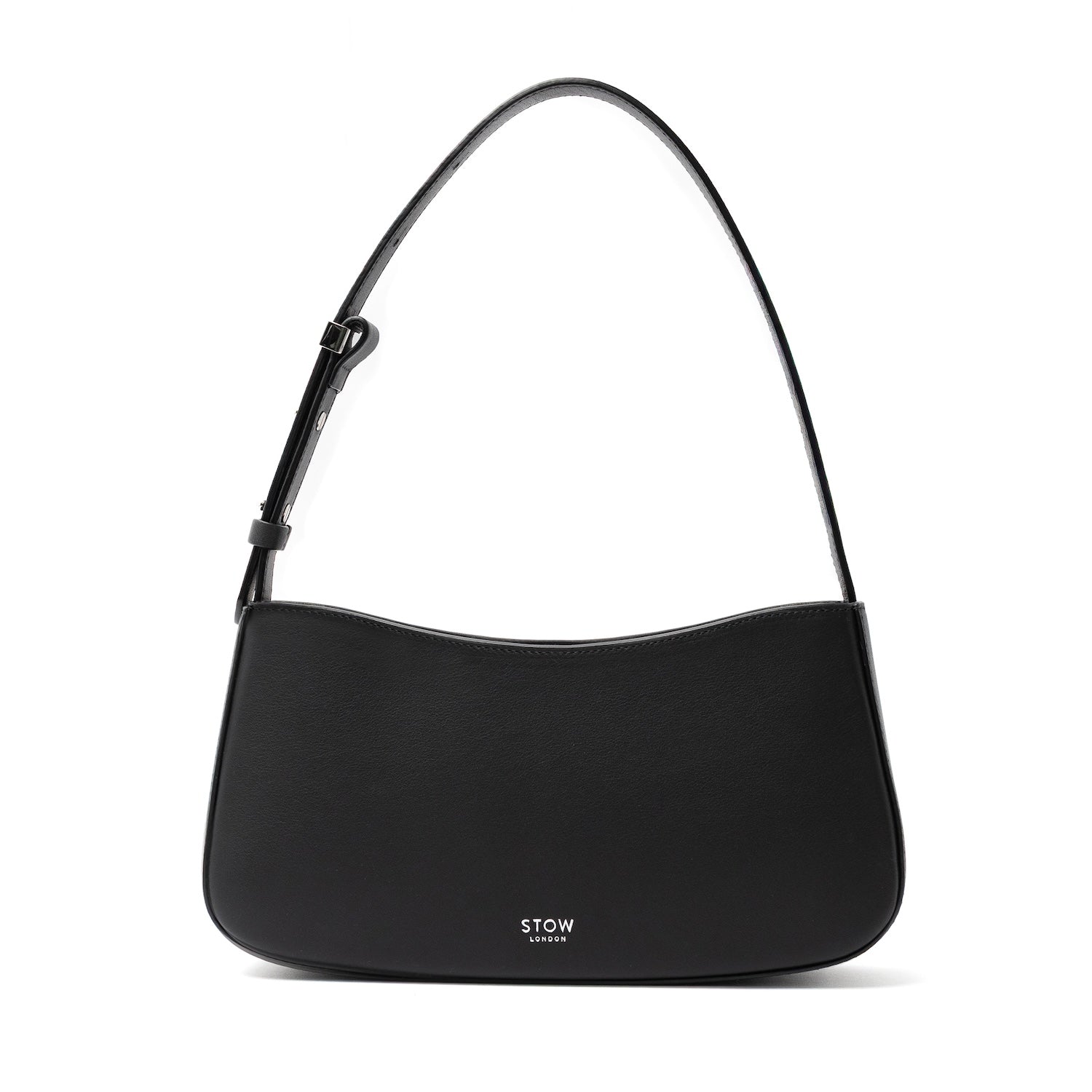 STOW London's Post Shoulder bag in Black smooth leather featuring silver hardware on a white background