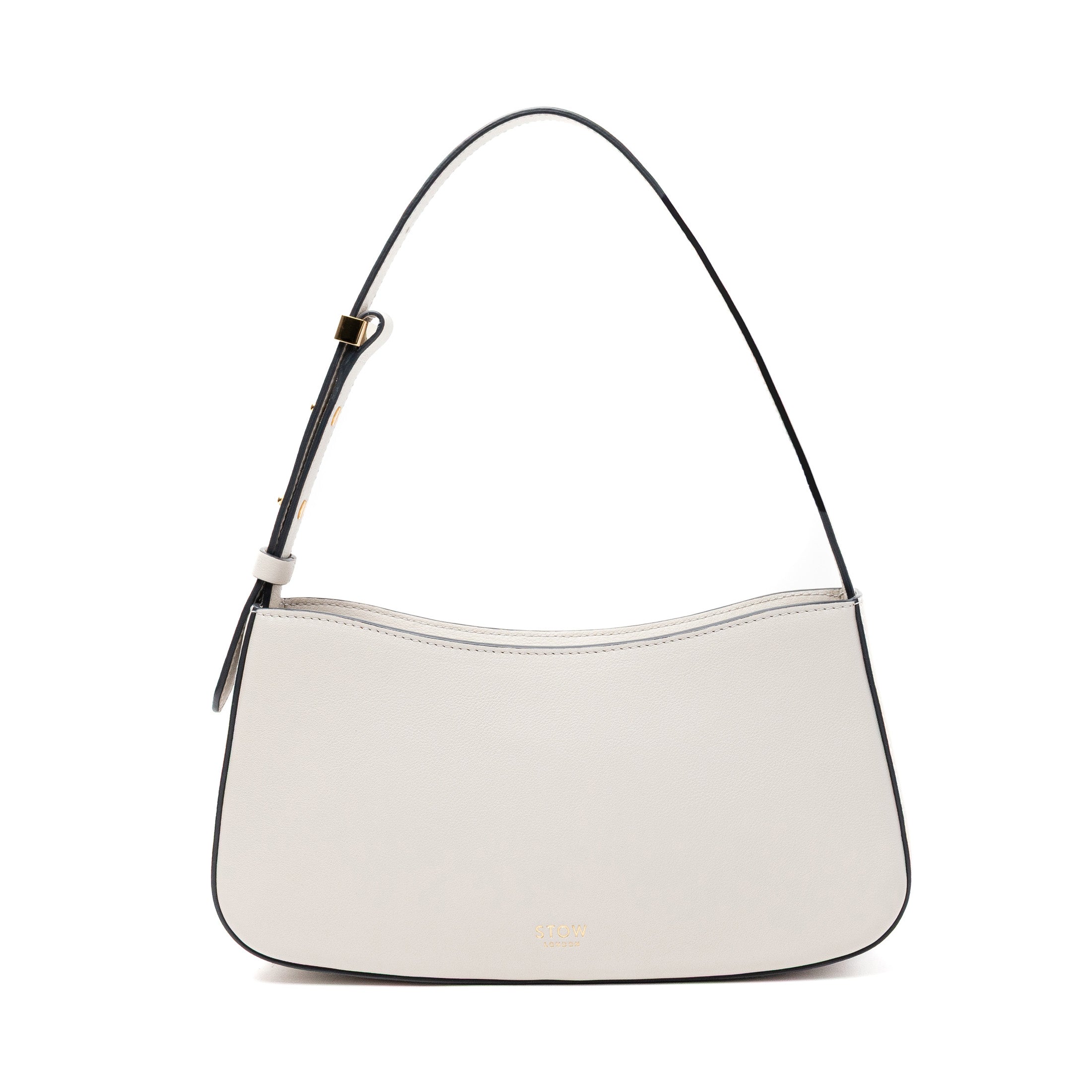 STOW London's Post Shoulder bag in Cloud Grey smooth leather featuring gold-coated stainless steel hardware on a white background
