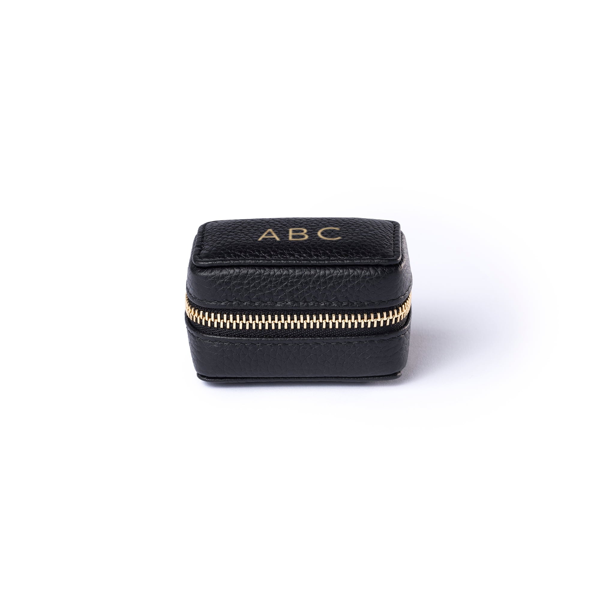 STOW London Mini Essentials Case in Black leather with personalisation on top