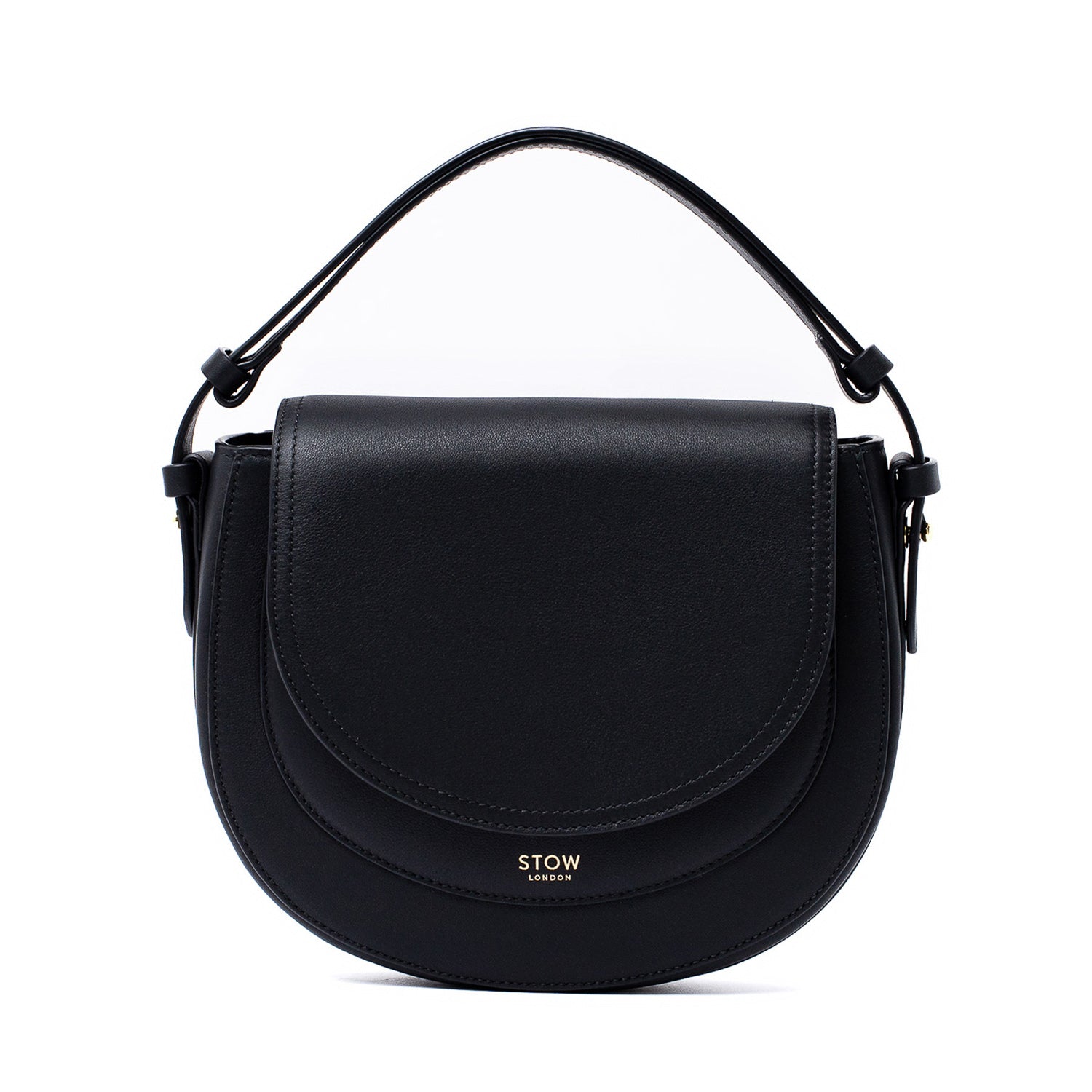 STOW London's Saddle bag in Black smooth leather featuring gold-coated stainless steel hardware on a white background
