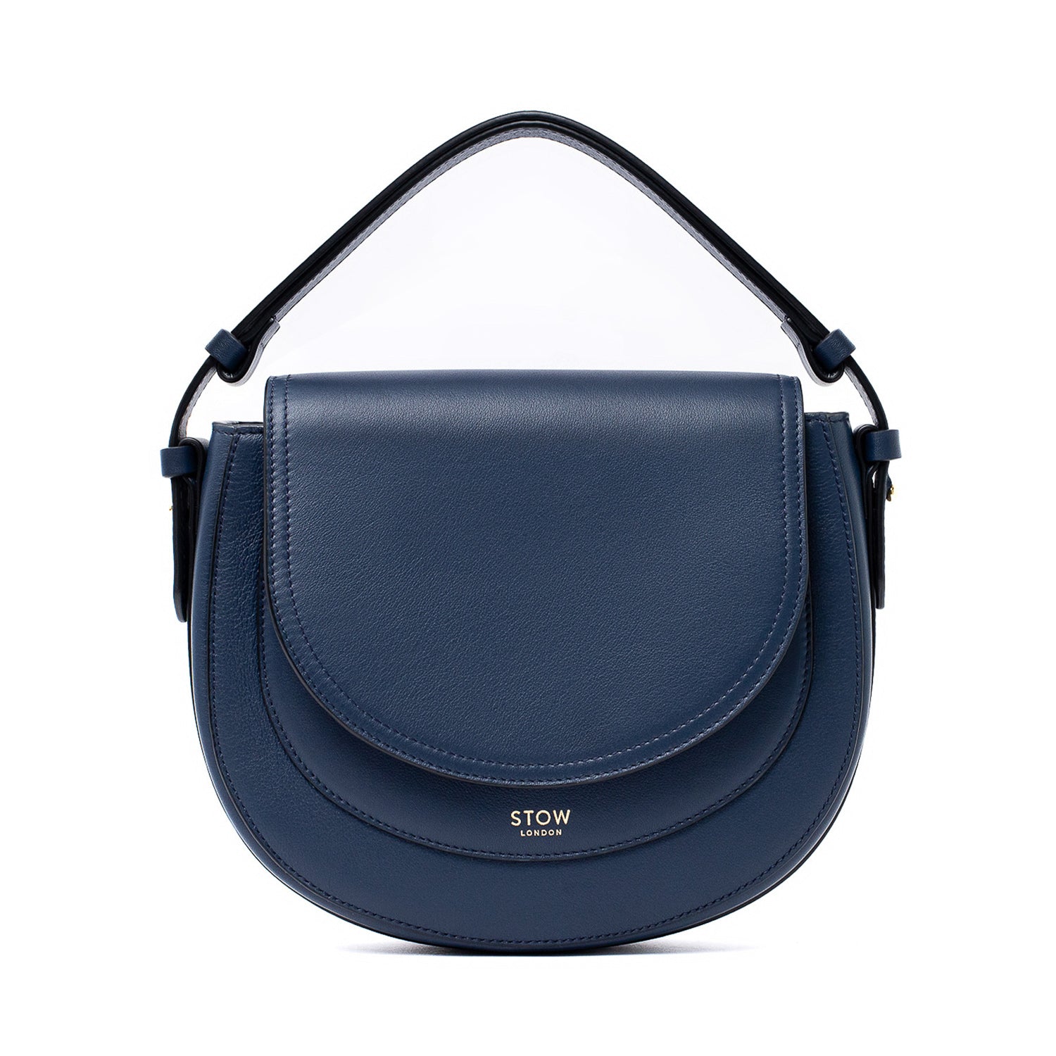 STOW London's Saddle bag in Navy smooth leather featuring gold-coated stainless steel hardware on a white background