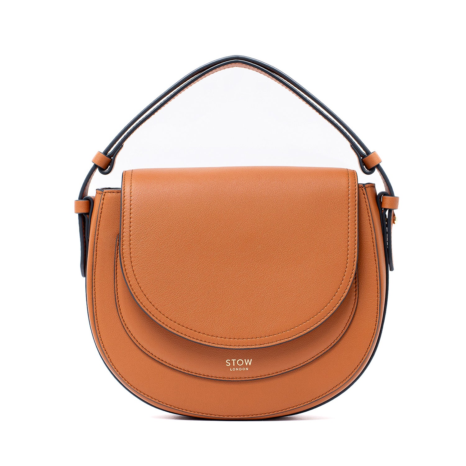 STOW London's Saddle bag in Earth Tan smooth leather with detachable top handle on a white background