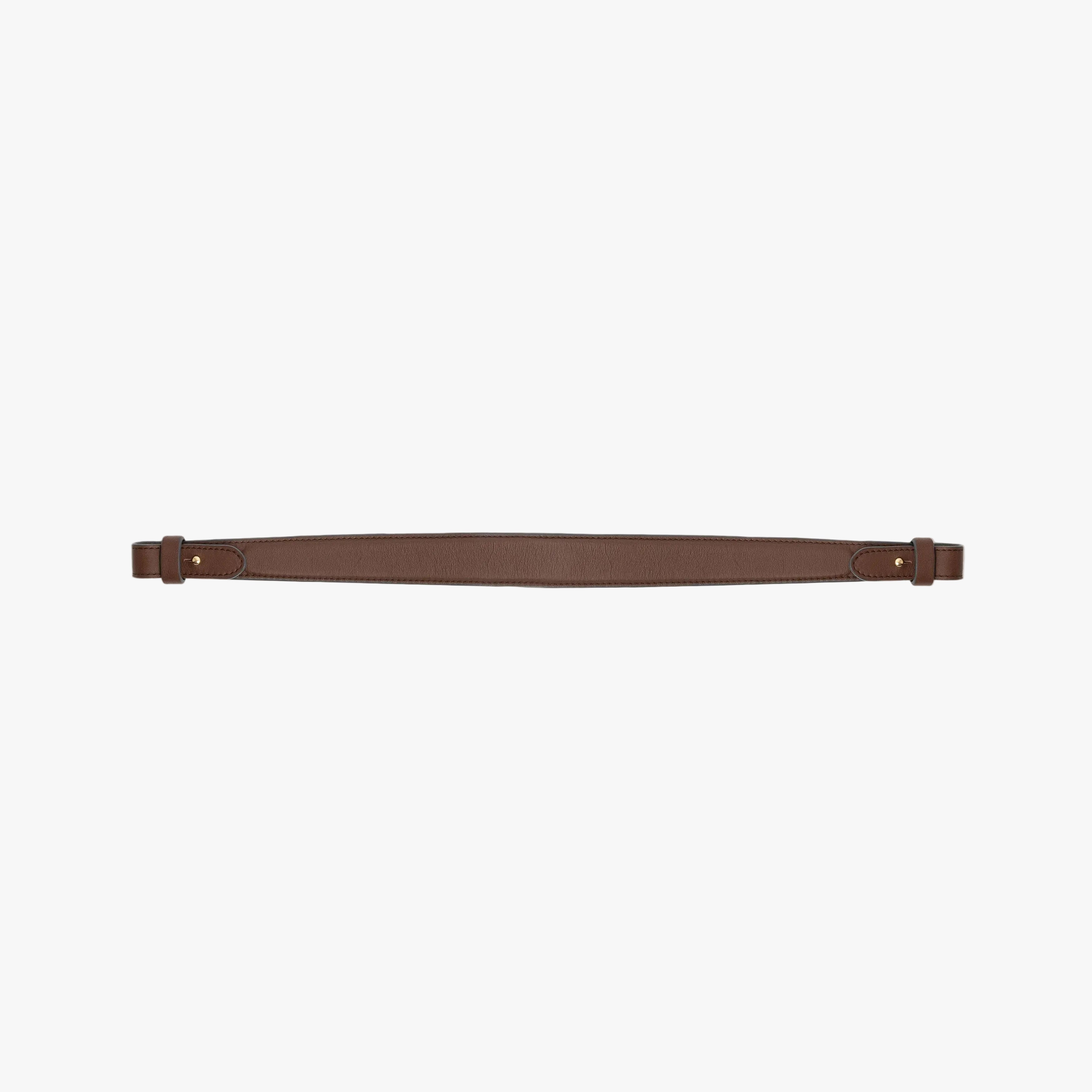 Detachable shoulder strap for STOW London's Curve, Midi Curve and East West in Chocolate smooth leather on a light grey background featuring gold hardware