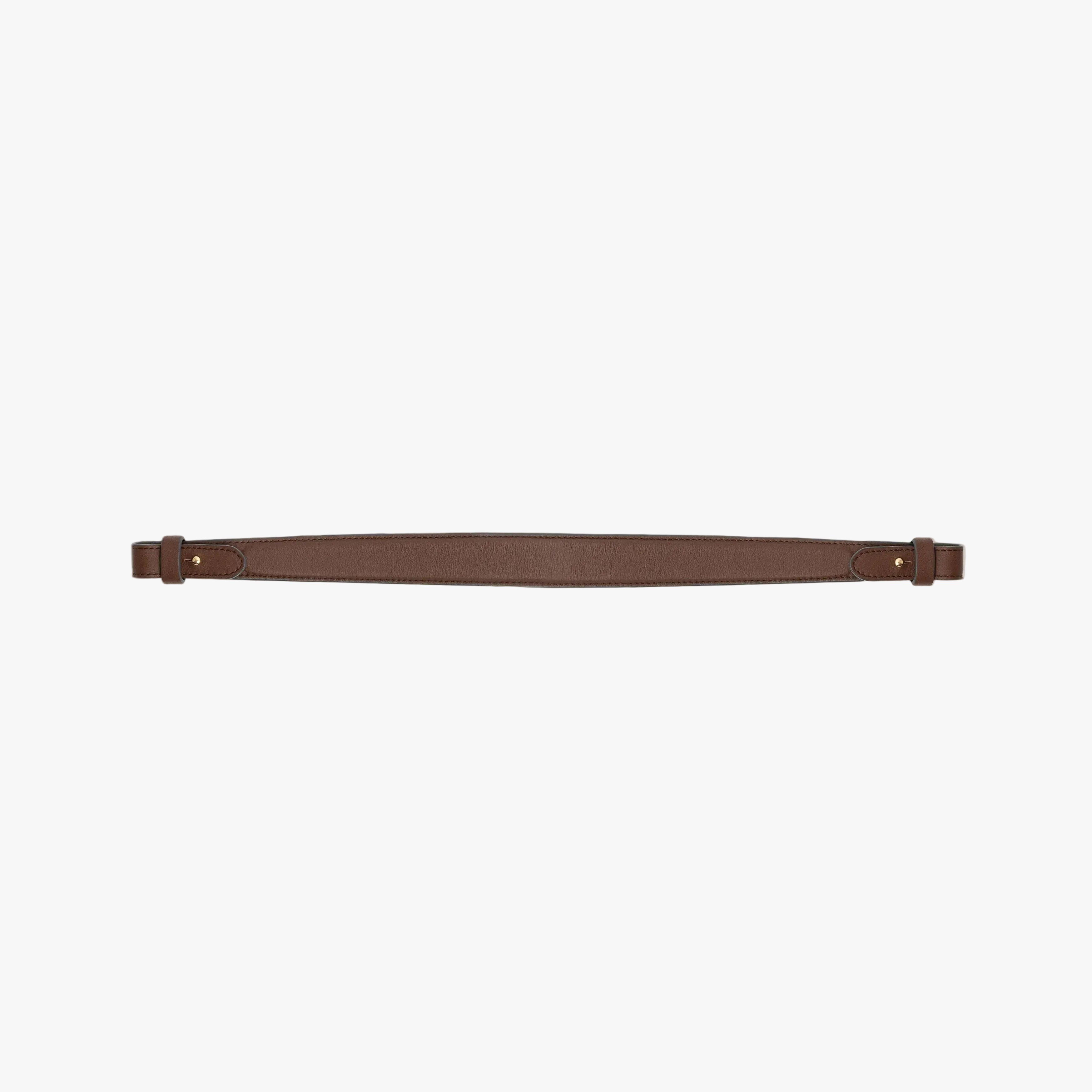 Detachable shoulder strap for STOW London's Curve, Midi Curve and East West in Chocolate smooth leather on a light grey background featuring gold hardware
