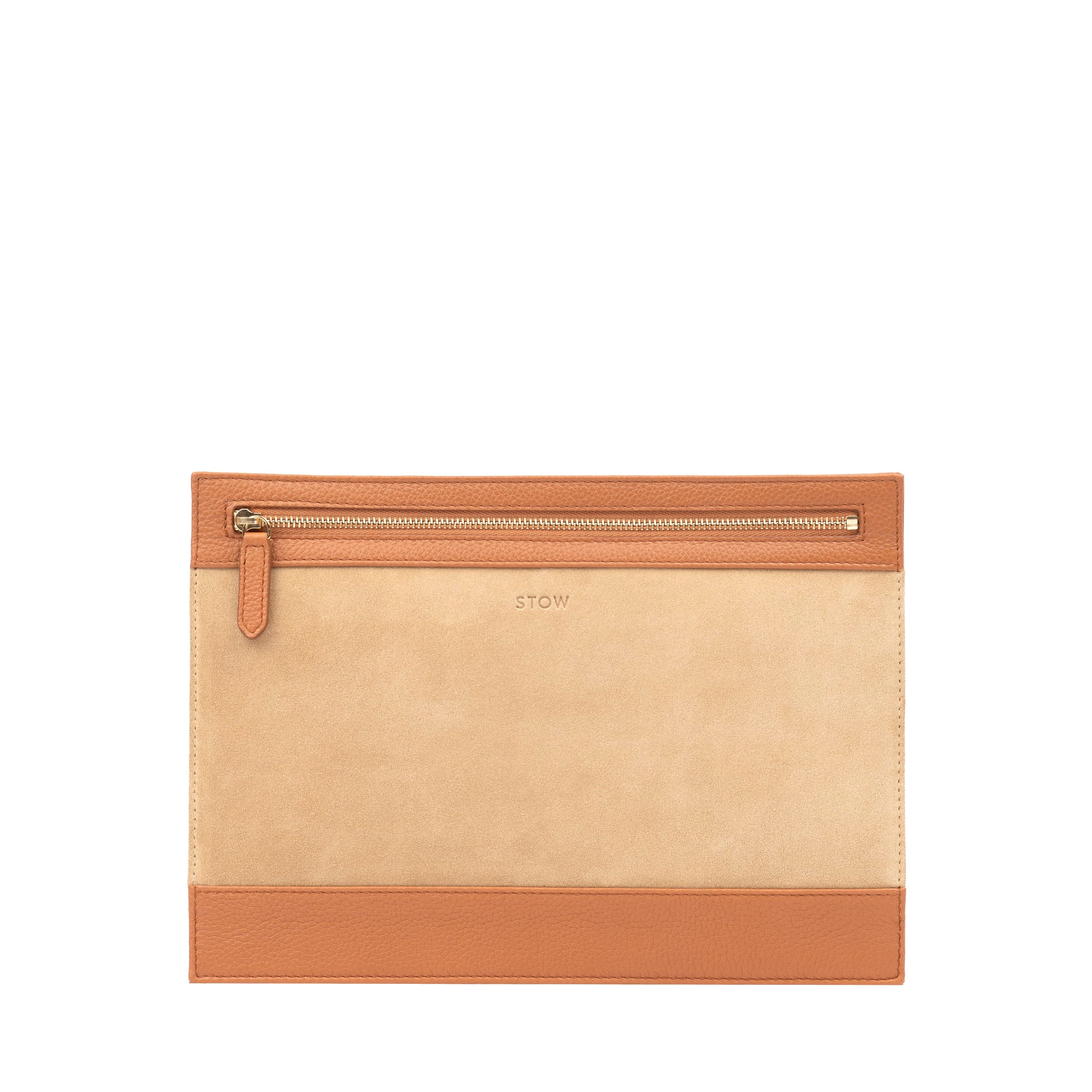 STOW London Suedeview Pouch combining Soft Sand suede and Earth Tan leather