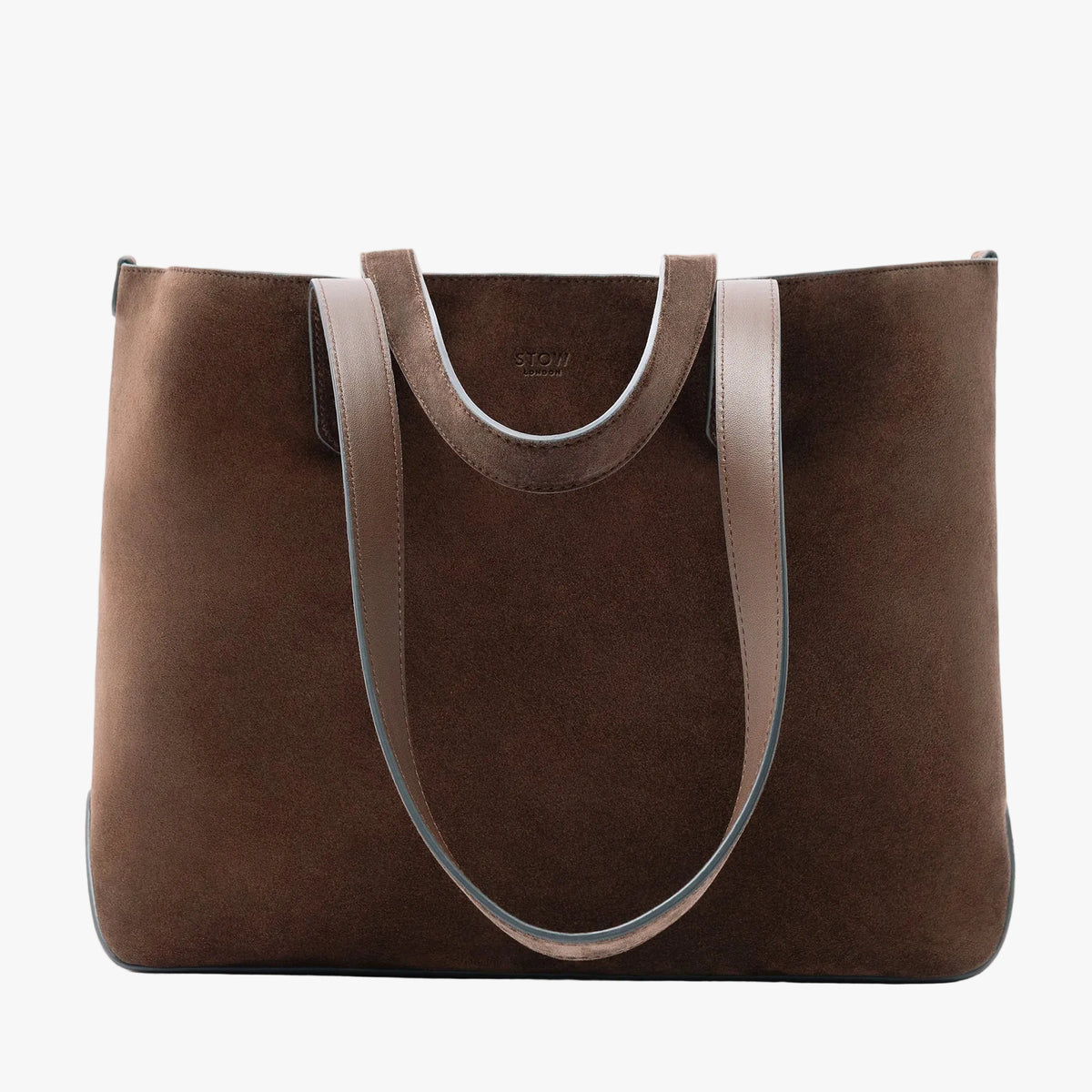 STOW London's Everyday Tote bag in Chocolate suede on a light grey background featuring a small STOW London logo embossed on the front panel