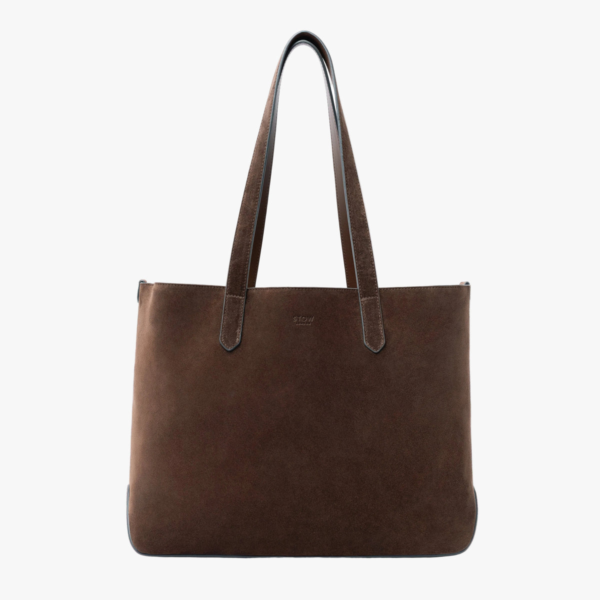 STOW London's Everyday Tote bag in Chocolate suede on a light grey background featuring a small STOW London logo embossed on the front panel