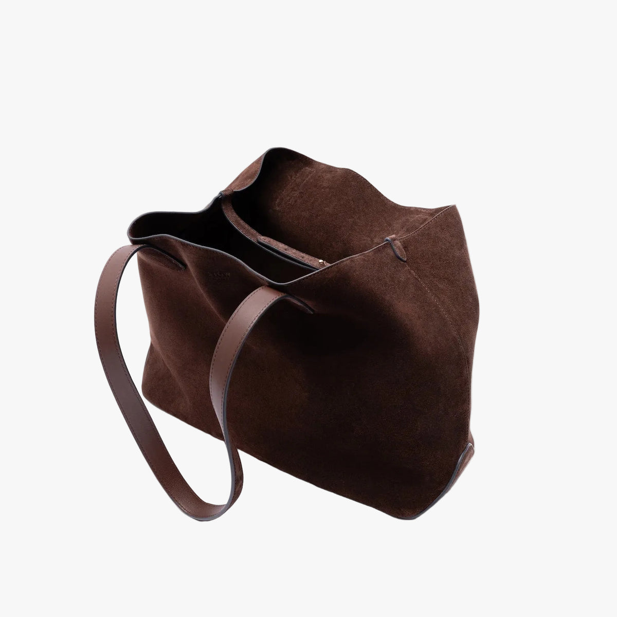 STOW London's Everyday Tote bag in Chocolate suede on a light grey background featuring a small STOW London logo embossed on the front