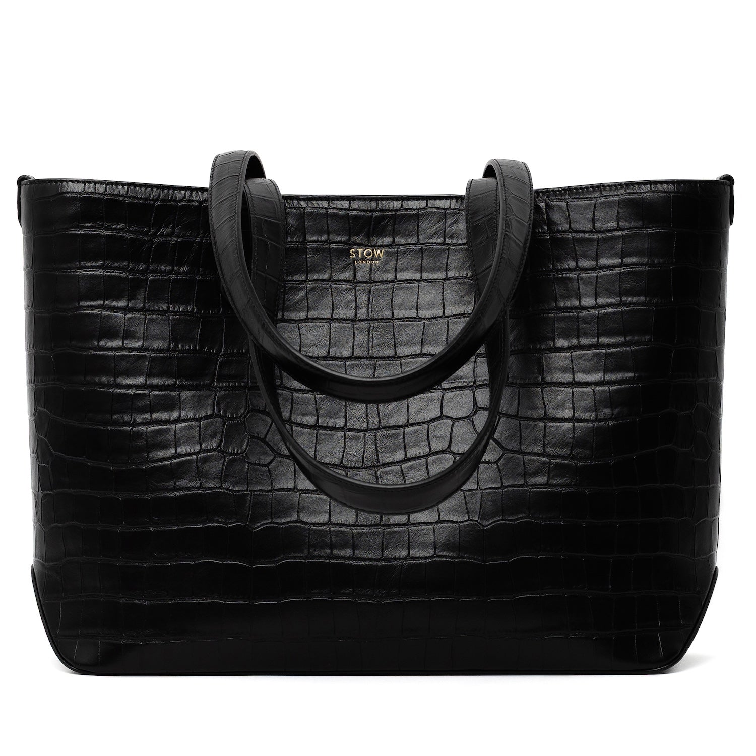 Close up of Black Embossed Croc Everyday Tote Bag shown with straps down on a white background