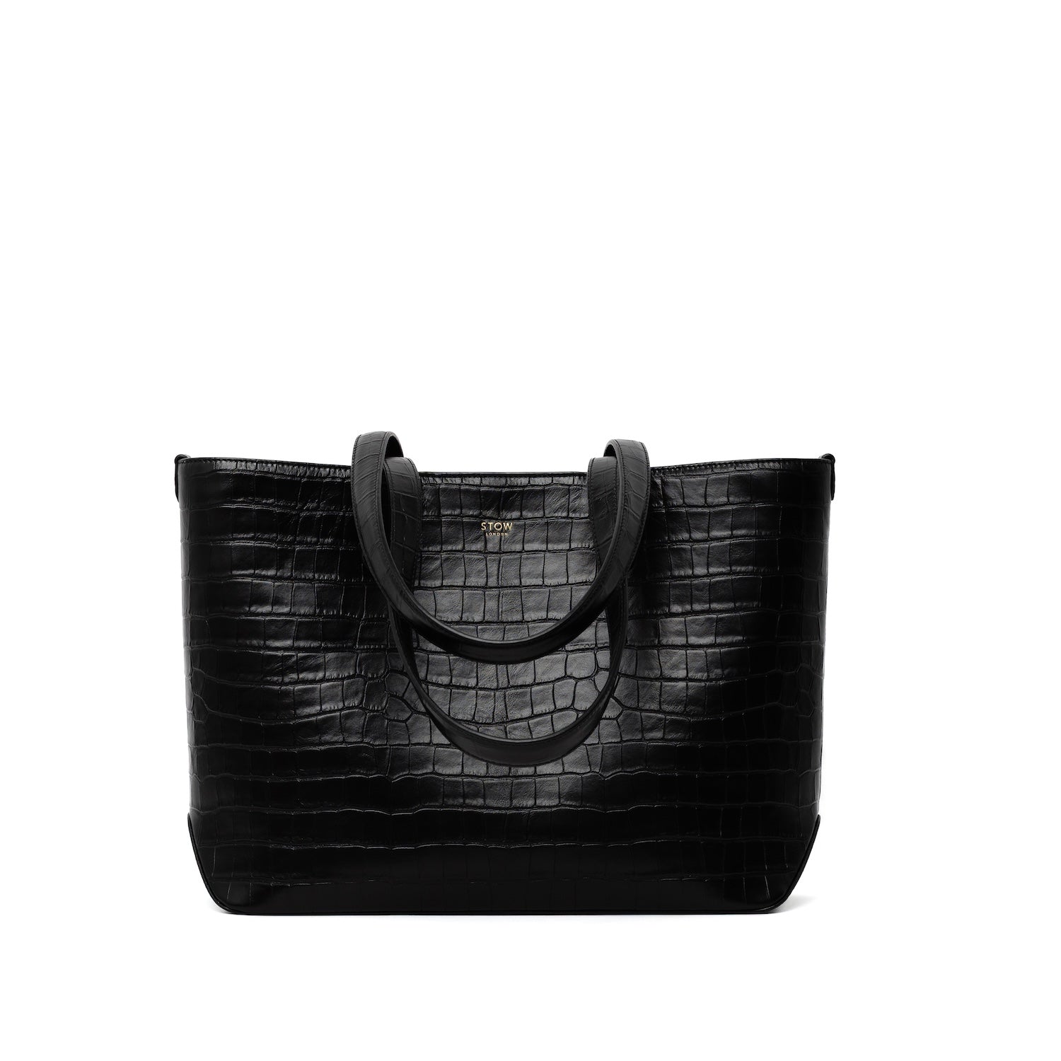 Black Embossed Croc Everyday Tote Bag shown with handles down on a white background