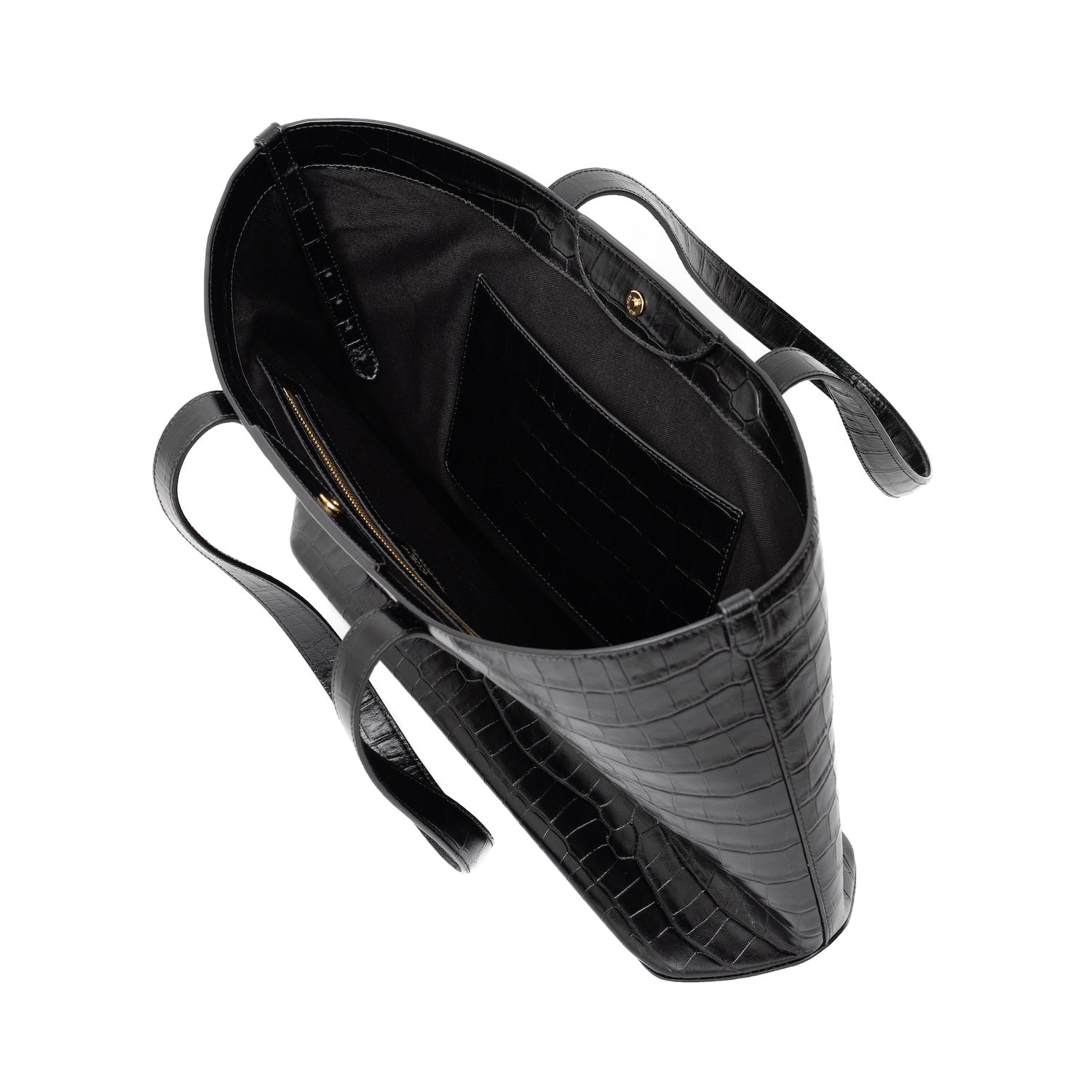 Top view of Black Embossed Croc Everyday Tote shown on a white background with bag open showing interior
