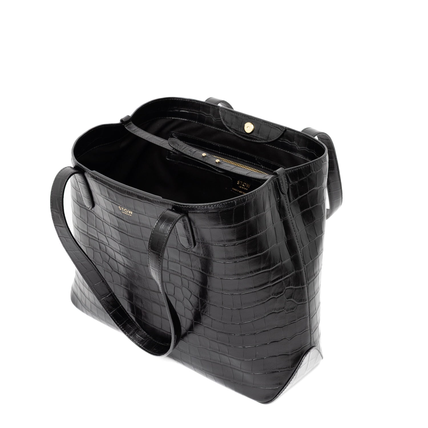 Black Embossed Croc Everyday Tote Bag shown with interior strap attached on a white background