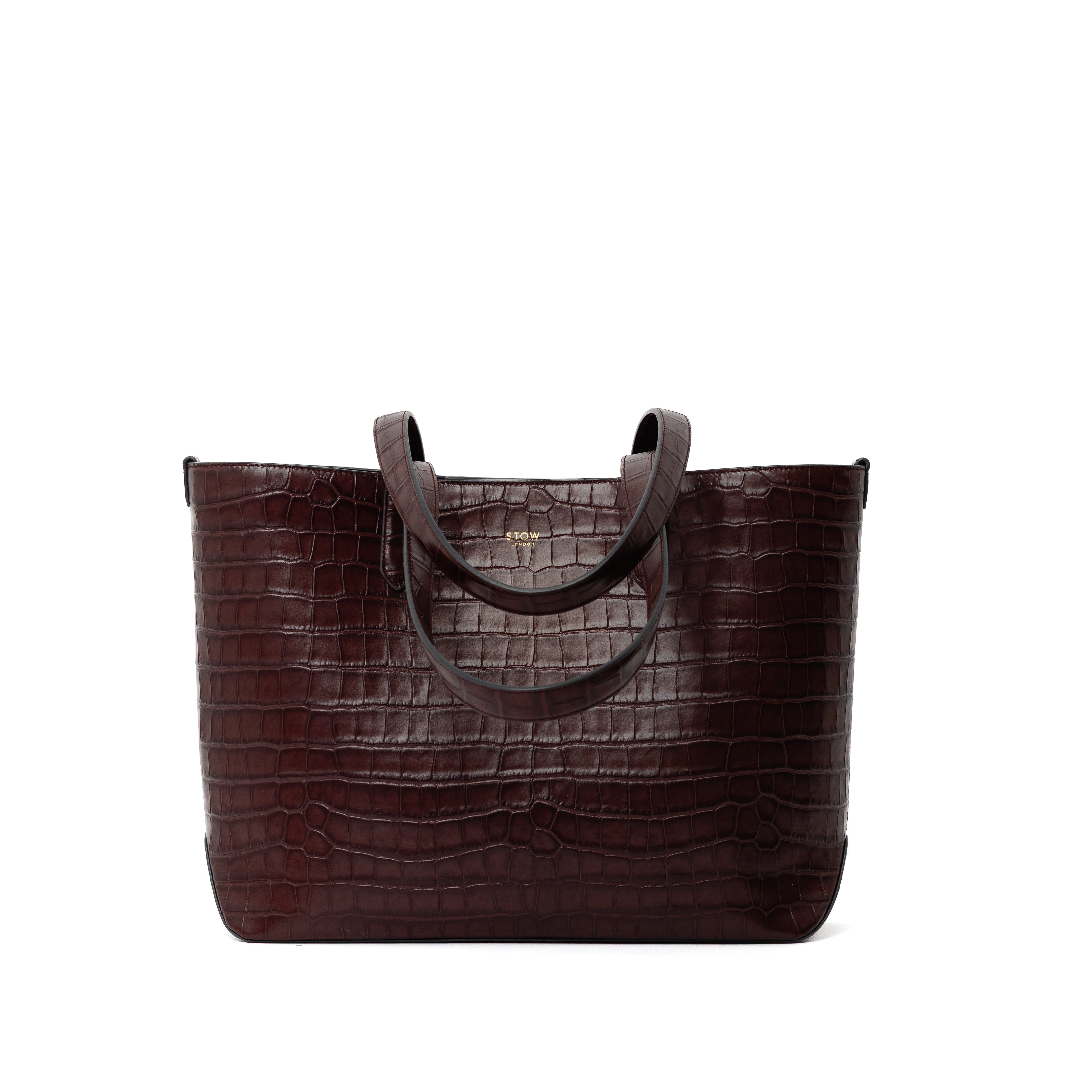 Burgundy Embossed Croc Everyday Tote Bag shown with handles down on a white background