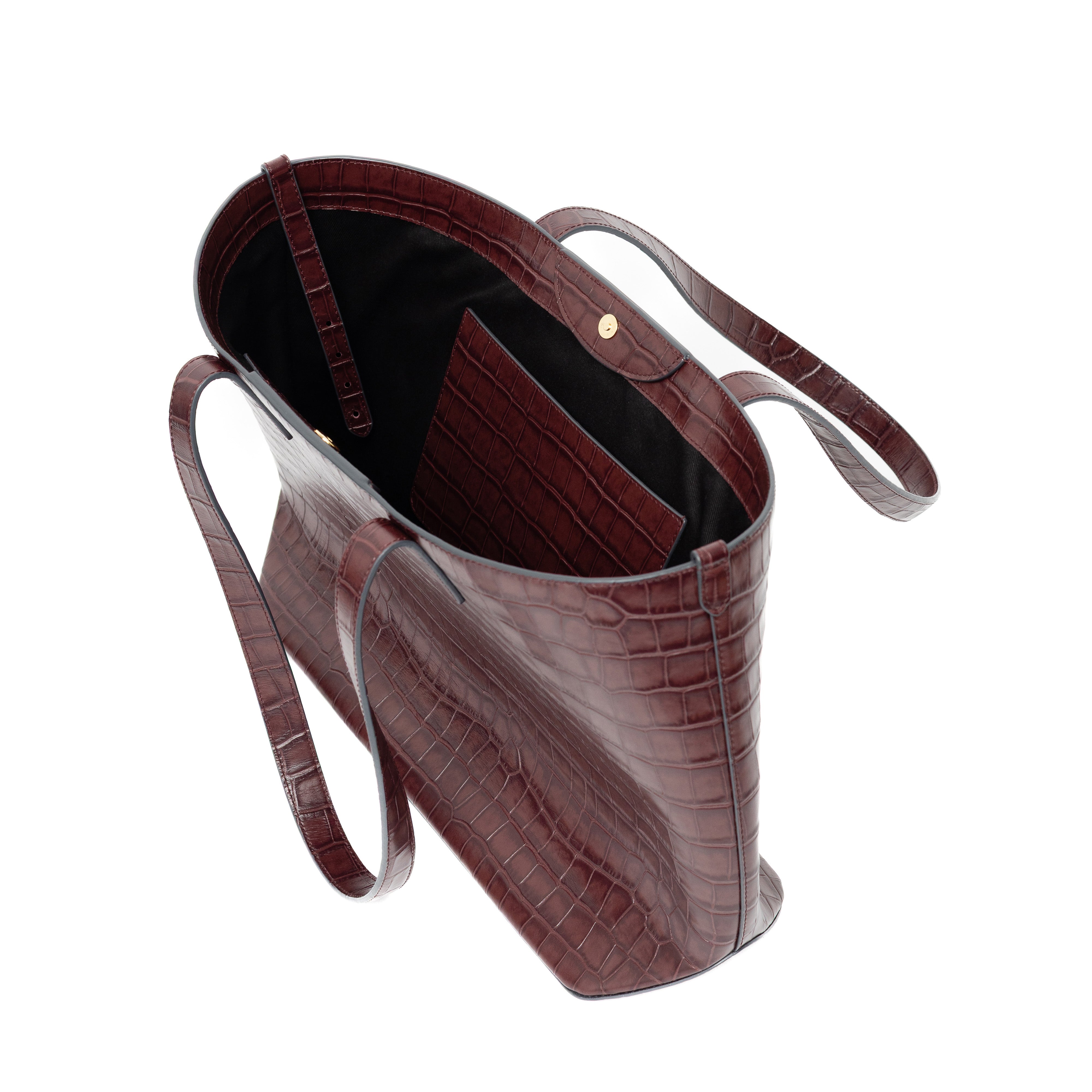 Top view of Burgundy Embossed Croc Everyday Tote shown on a white background with bag open
