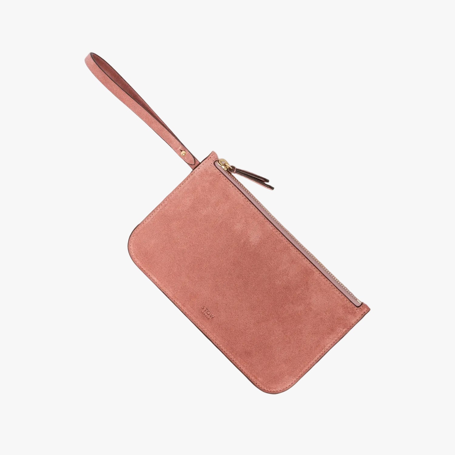 The detachable, internal zip pouch from STOW London's Everyday Tote bag in Hazy Blush suede featuring gold hardware