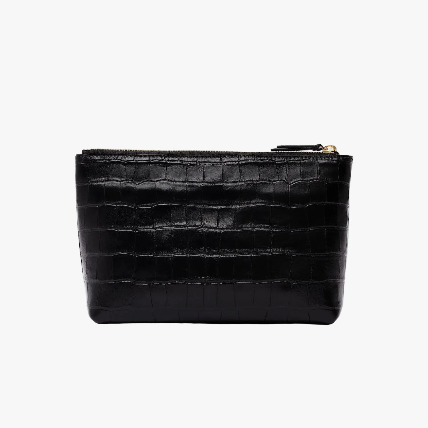 Back panel of STOW London's travel pouch in Black Embossed Croc leather on a light grey background featuring a YKK zip
