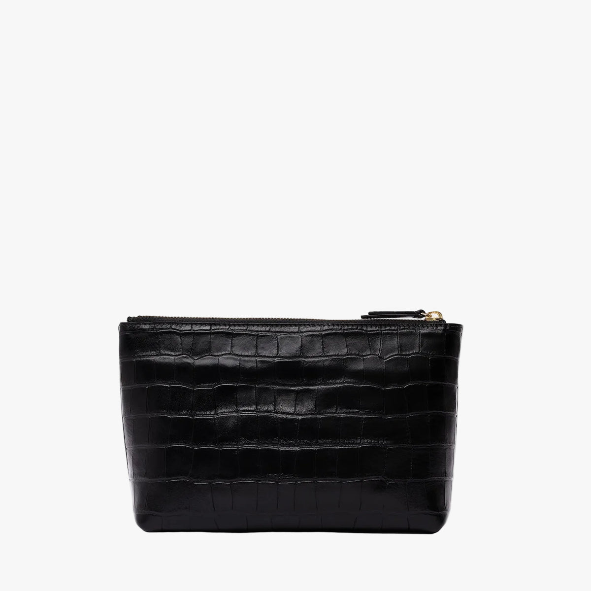 Back of STOW London's travel pouch in Black Embossed Croc leather on a light grey background featuring a YKK zip
