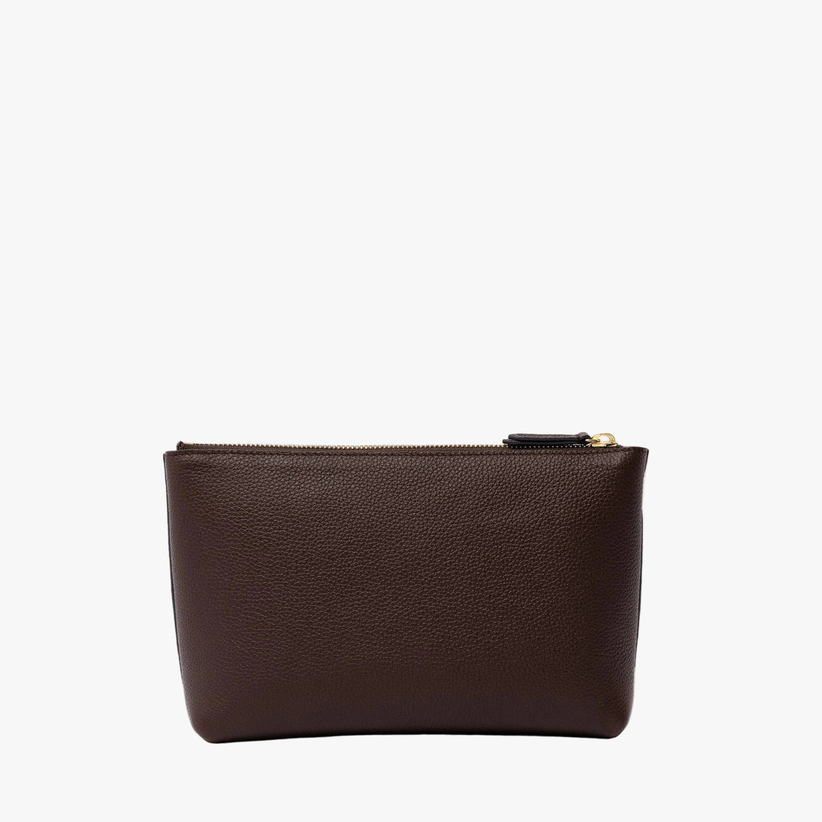 Back panel of STOW London's travel pouch in Espresso pebbled leather on a light grey background featuring a YKK zip