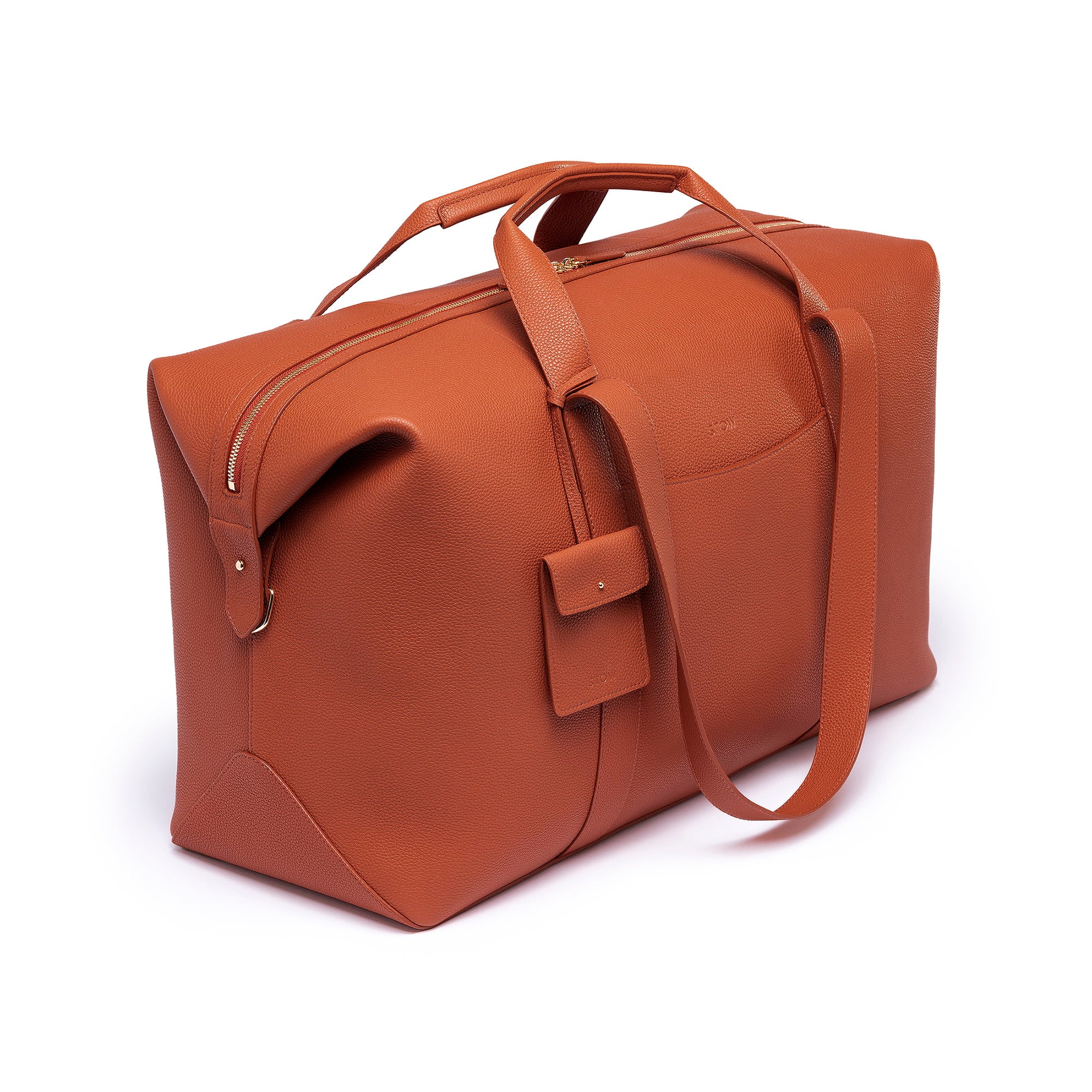 STOW Leather Weekend Bag in Clay Orange pebbled leather.