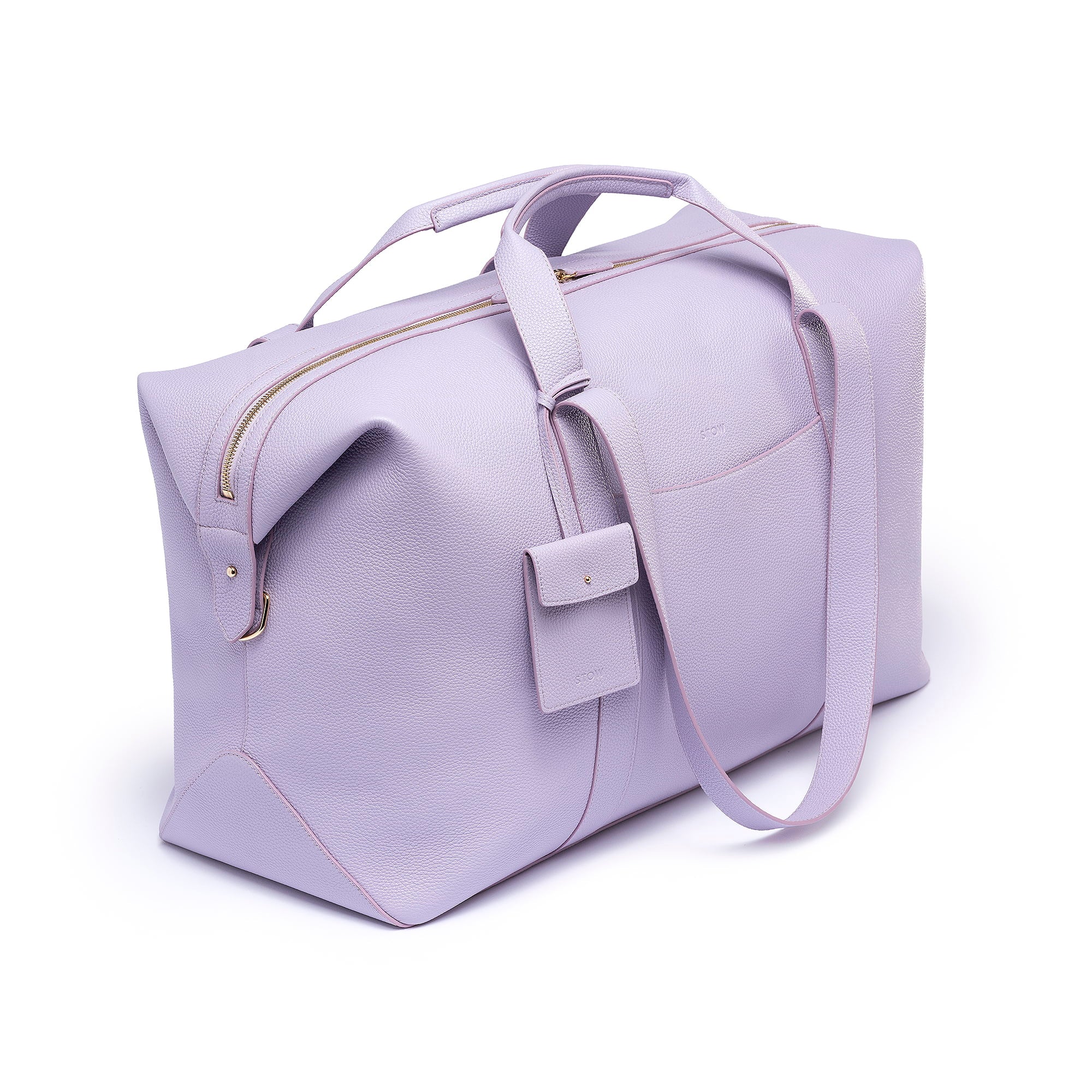 STOW Leather Weekend Bag in Wild Lavender pebbled leather.