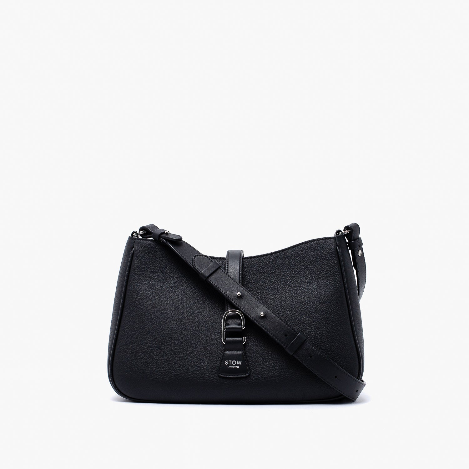 STOW London's Beth bag and detachable crossbody strap in Black leather featuring silver stainless steel hardware on a white background