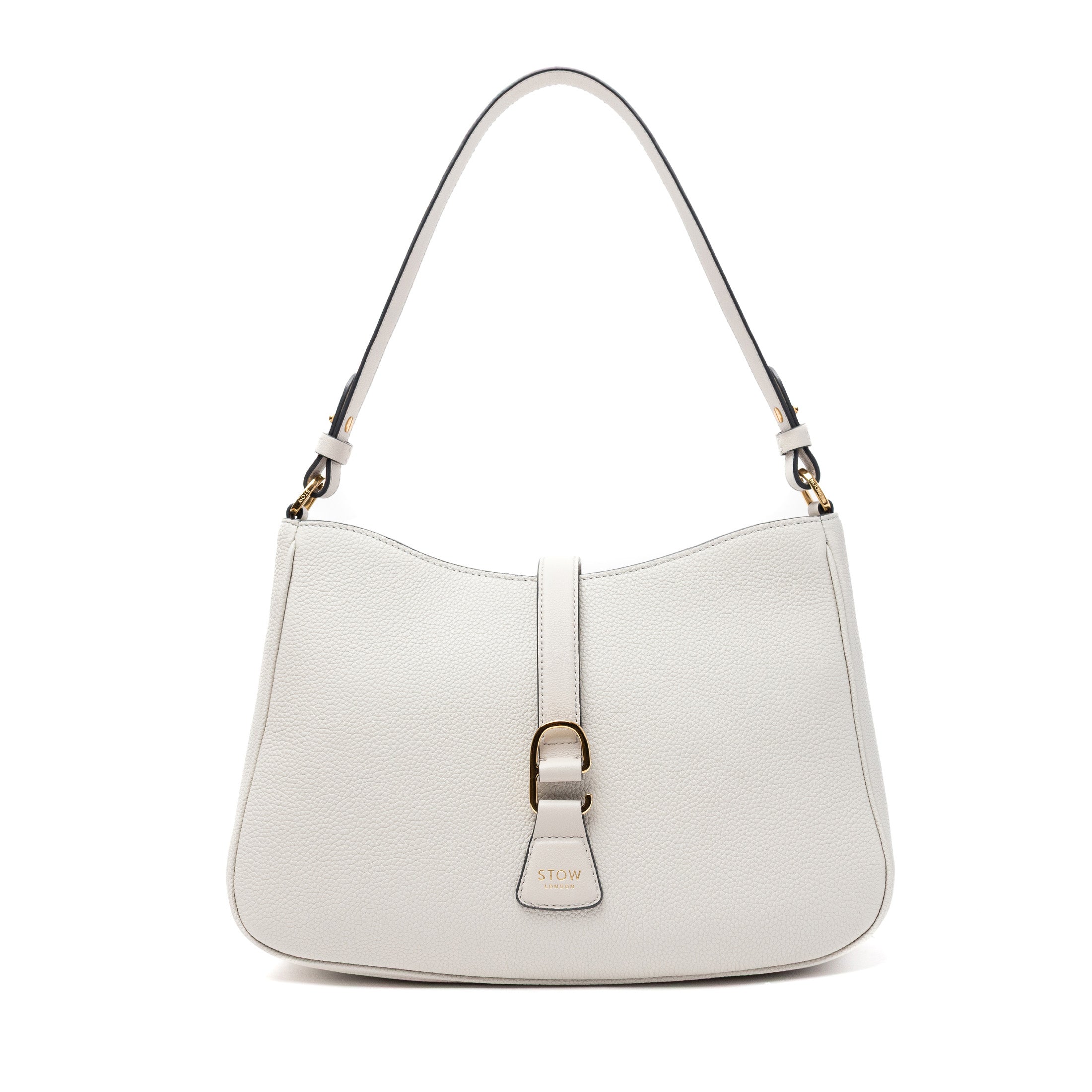 STOW London's Beth bag in Cloud Grey pebbled and smooth leather featuring gold-coated stainless steel hardware and clip on a white background