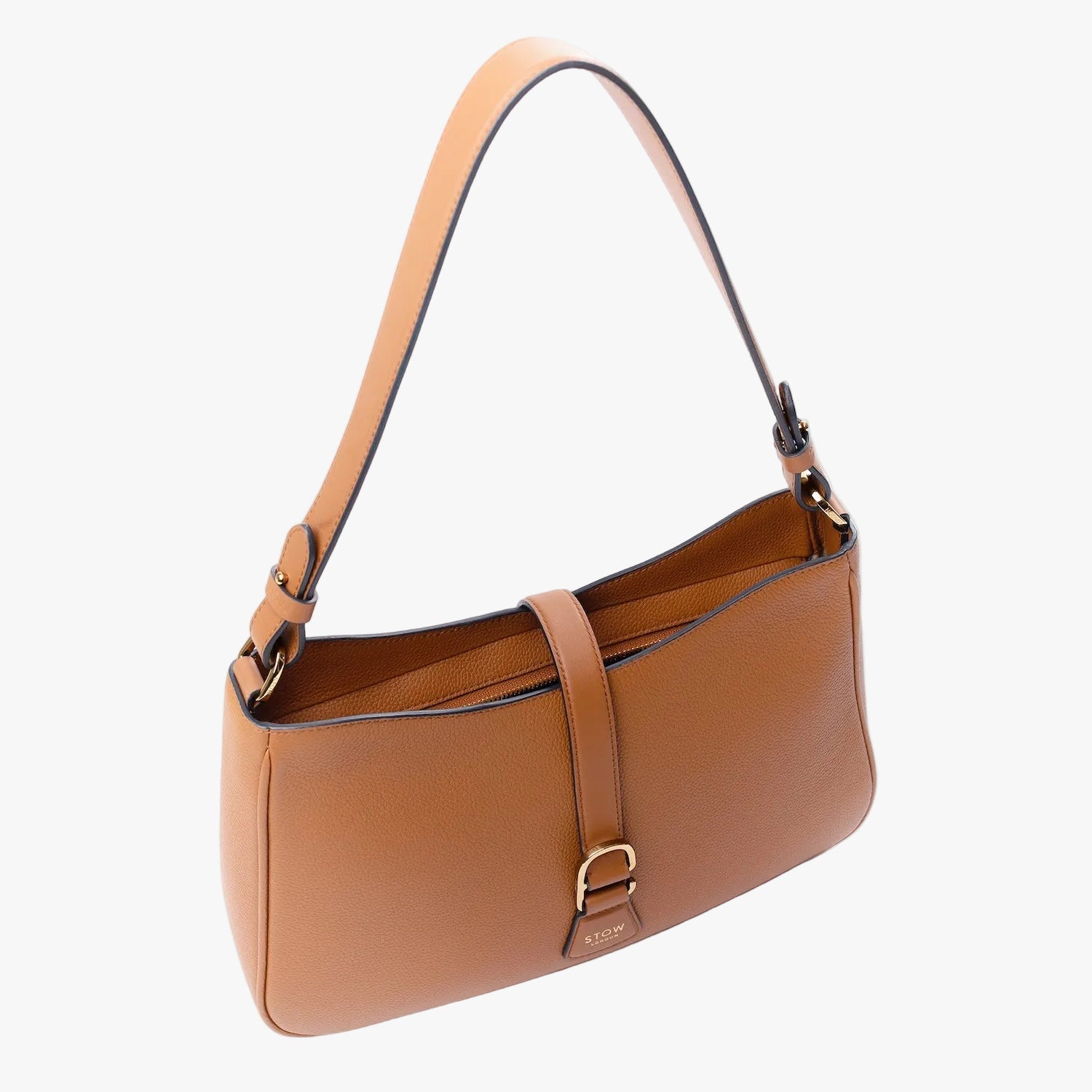 Top angled view of STOW London's Beth Shoulder bag in Earth Tan pebbled leather featuring gold-coated stainless steel hardware and clip on a light grey background