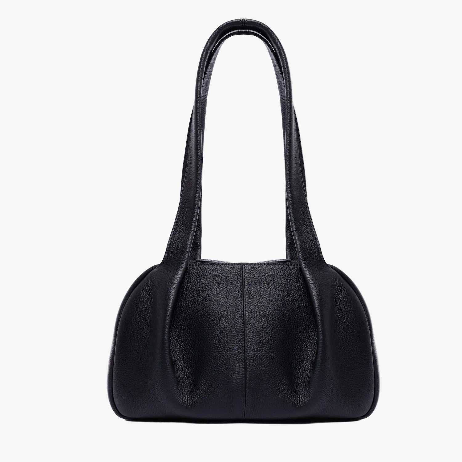 STOW London's Bowling bag in Black pebbled leather featuring the pleated front panel and gold-coated stainless steel hardware on a light grey background