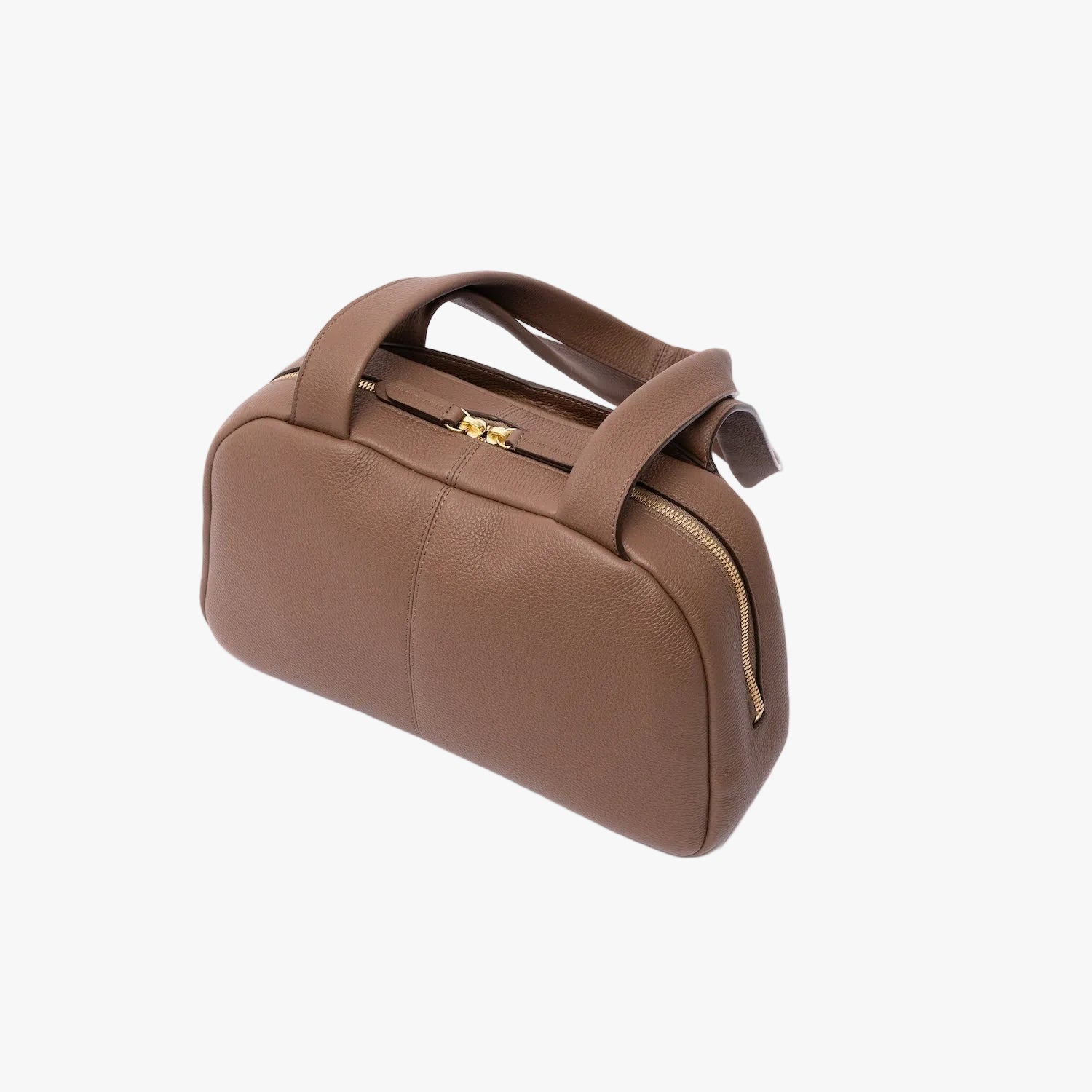 Top view of the back of STOW London's Bowling bag in Mocha pebbled leather featuring gold-coated stainless steel hardware on a light grey background