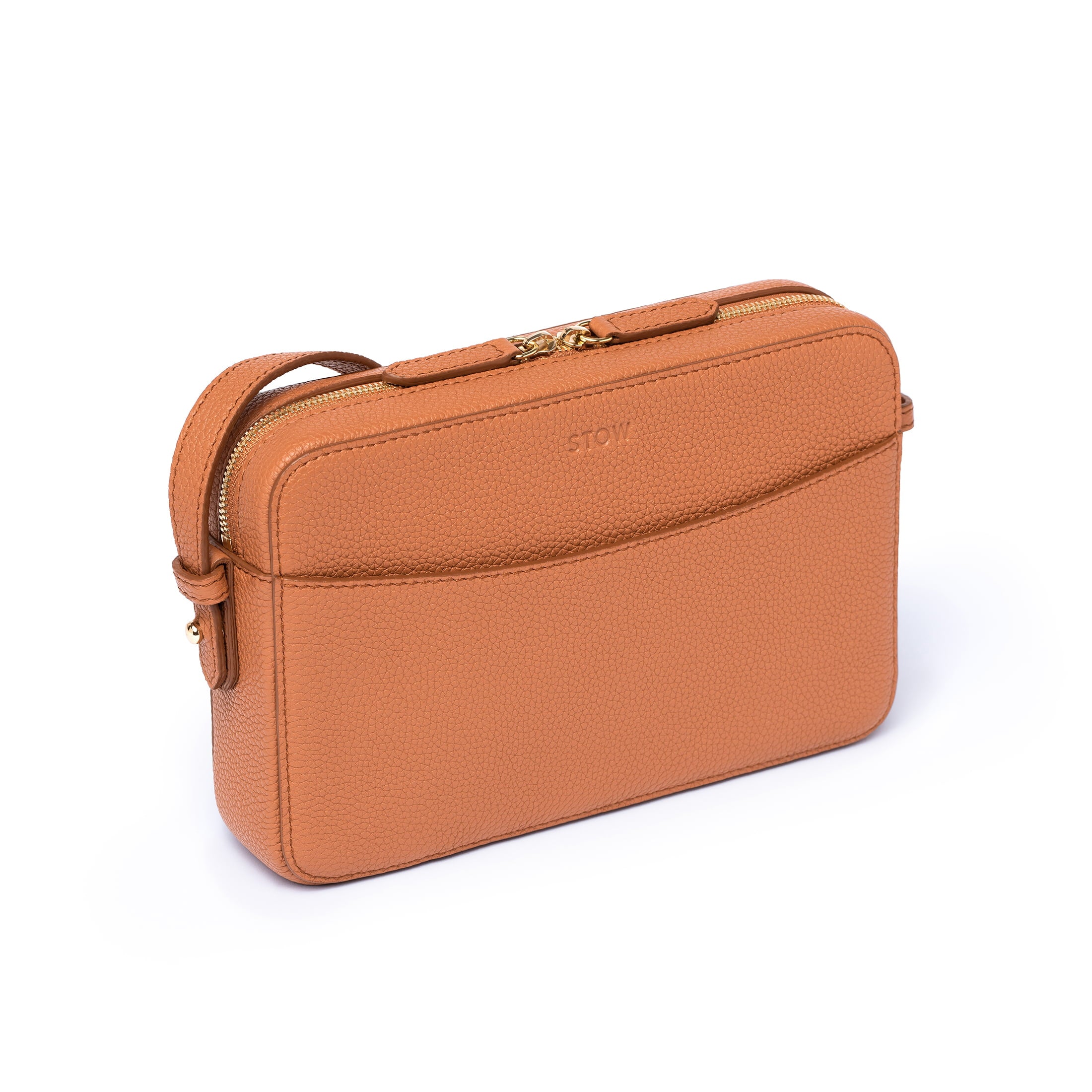 STOW London Camera Bag in Earth Tan leather, studio image of product