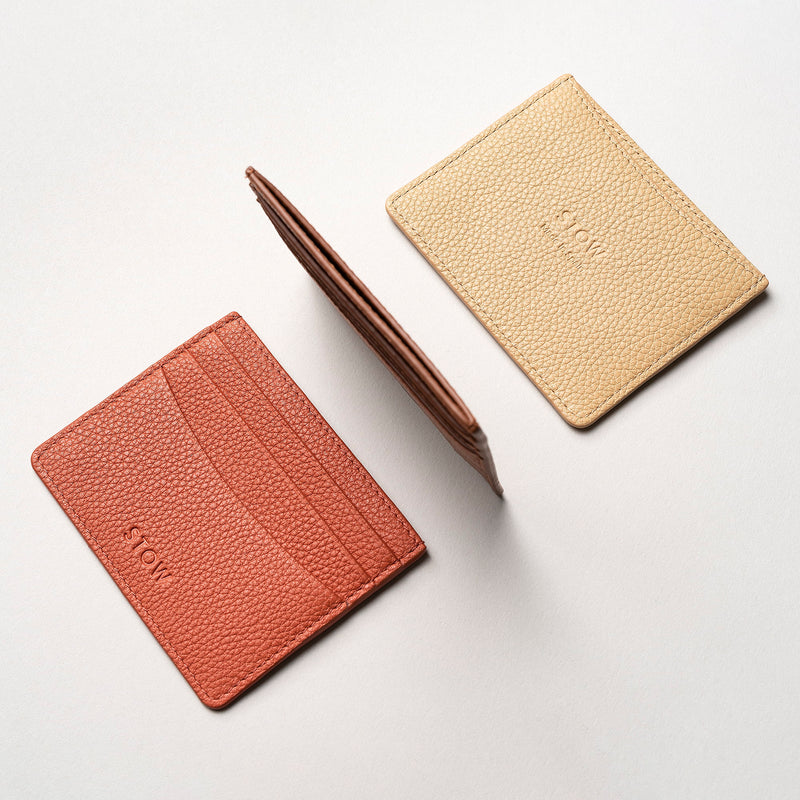STOW Leather Cardholders; Clay Orange, Earth Tan and Almond colours.