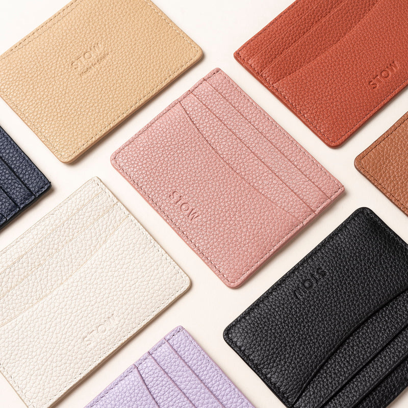 STOW London Leather Cardholders in various colours including Hazy Blush, Spring Moon, Black, Clay Orange and Almond.