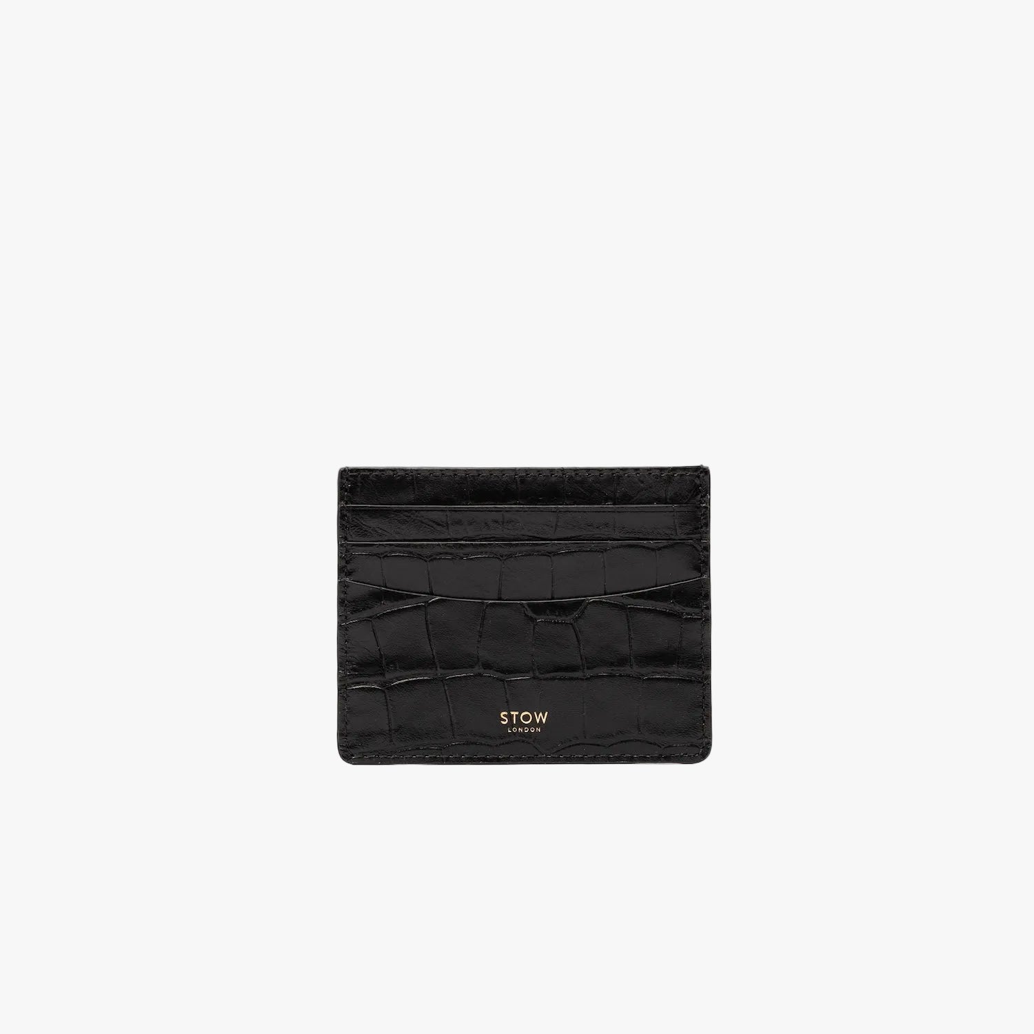 STOW London's Cardholder in Black Embossed Croc leather on a light grey background featuring a fine gold embossed logo on the front bottom. 