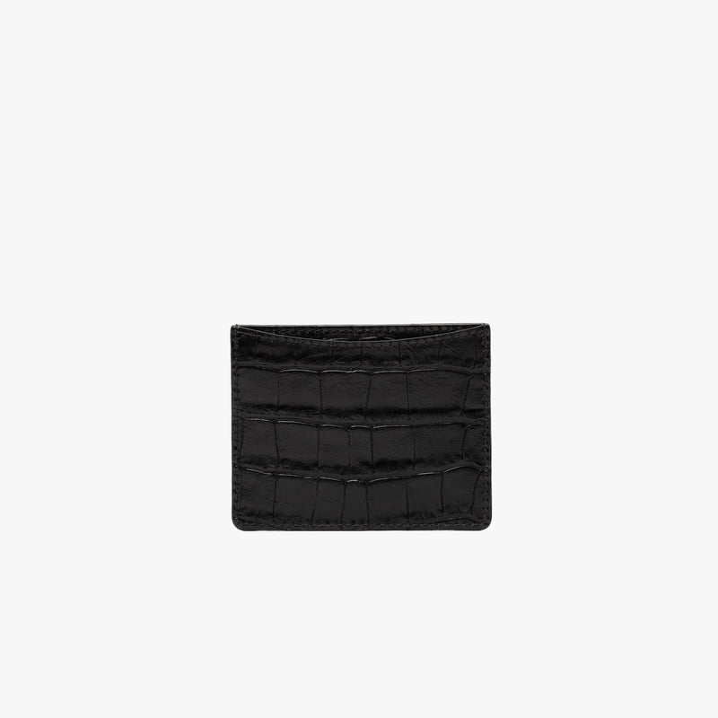 Back panel of STOW London's Cardholder in Black Embossed Croc leather on a light grey background 