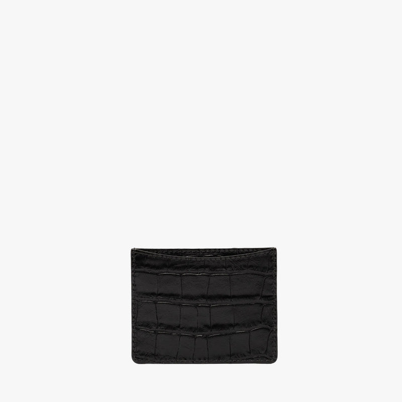 Back panel of STOW London's Cardholder in Black Embossed Croc leather on a light grey background 
