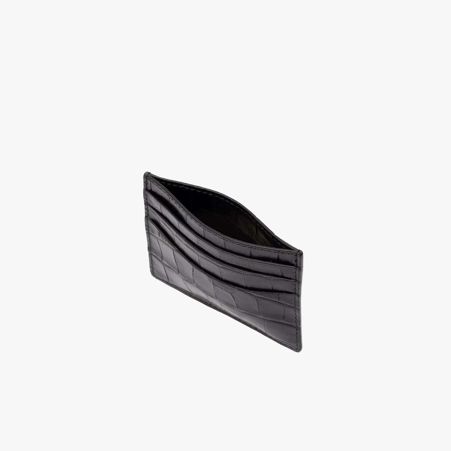 Top view of STOW London's Cardholder in Black Embossed Croc leather on a light grey background 
